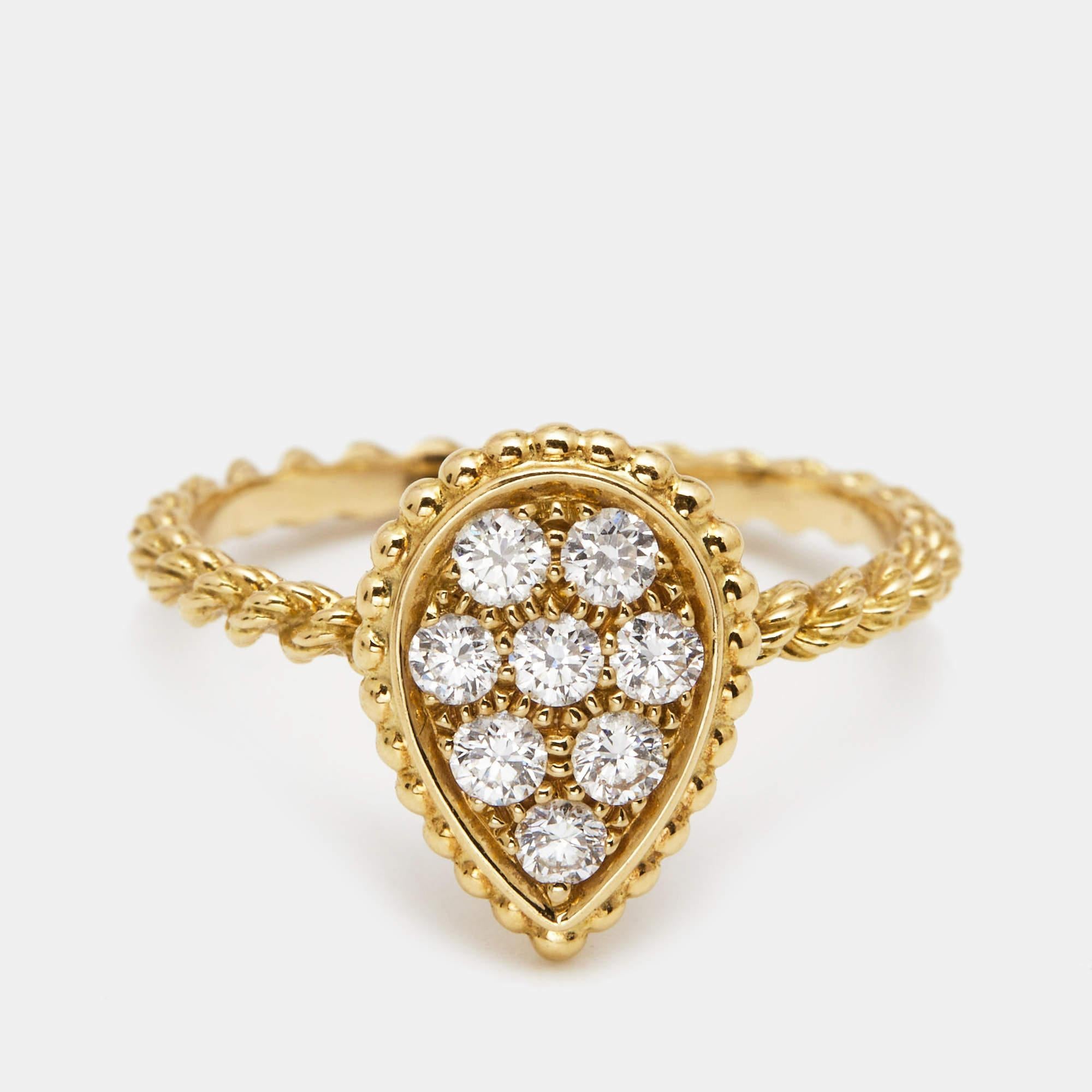 The Boucheron Serpent Boheme ring is a captivating piece of fine jewelry that exudes elegance and charm. Crafted in luxurious 18k yellow gold, the ring features the iconic Serpent Boheme motif, symbolizing eternal love and protection. Sparkling