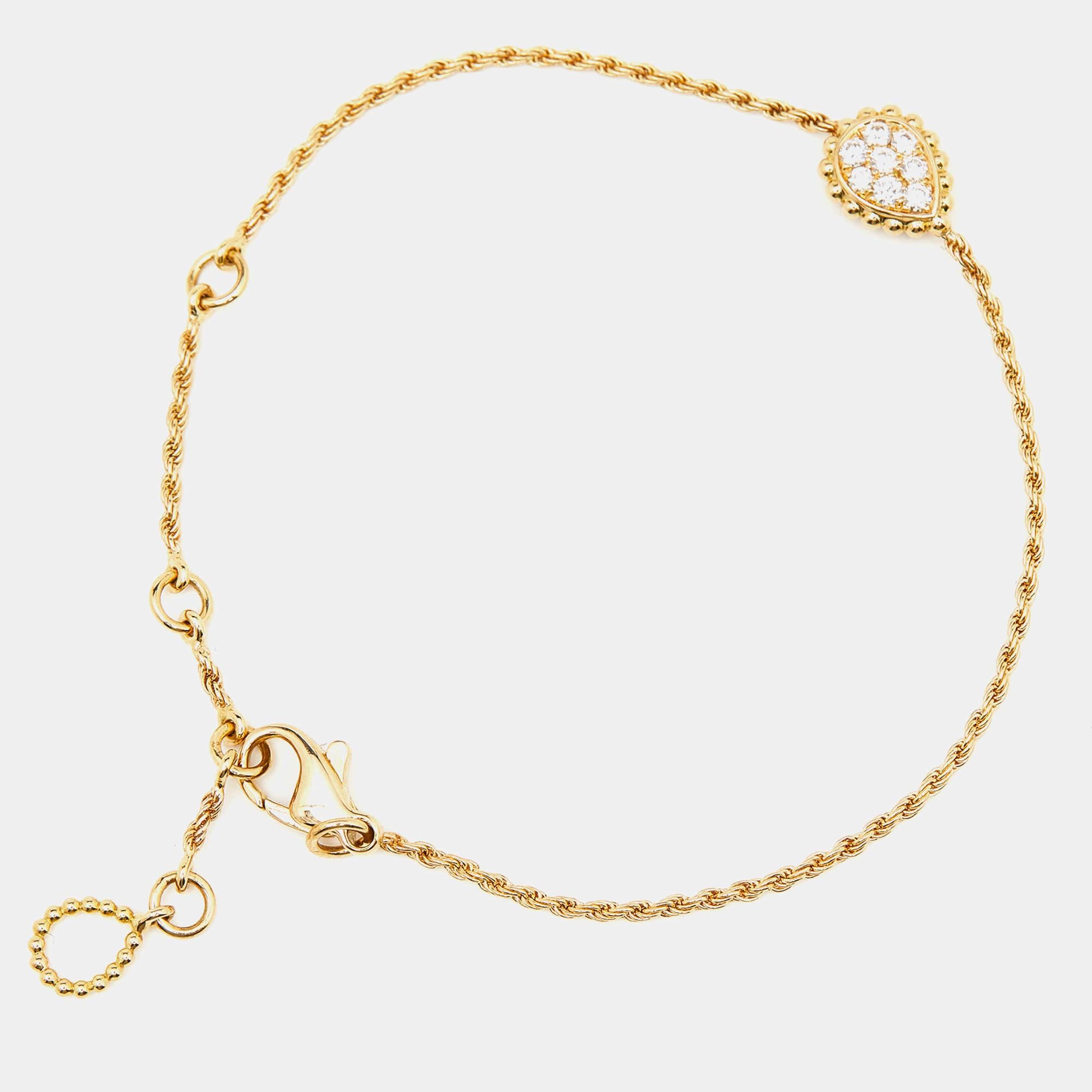 Boucheron's Serpent Boheme line from 1968 is a celebration of the house’s iconic serpent. The designs are defined by beaded borders, pear-shaped motifs, and coiled accents to represent the serpent’s textured skin. This bracelet carries the signature