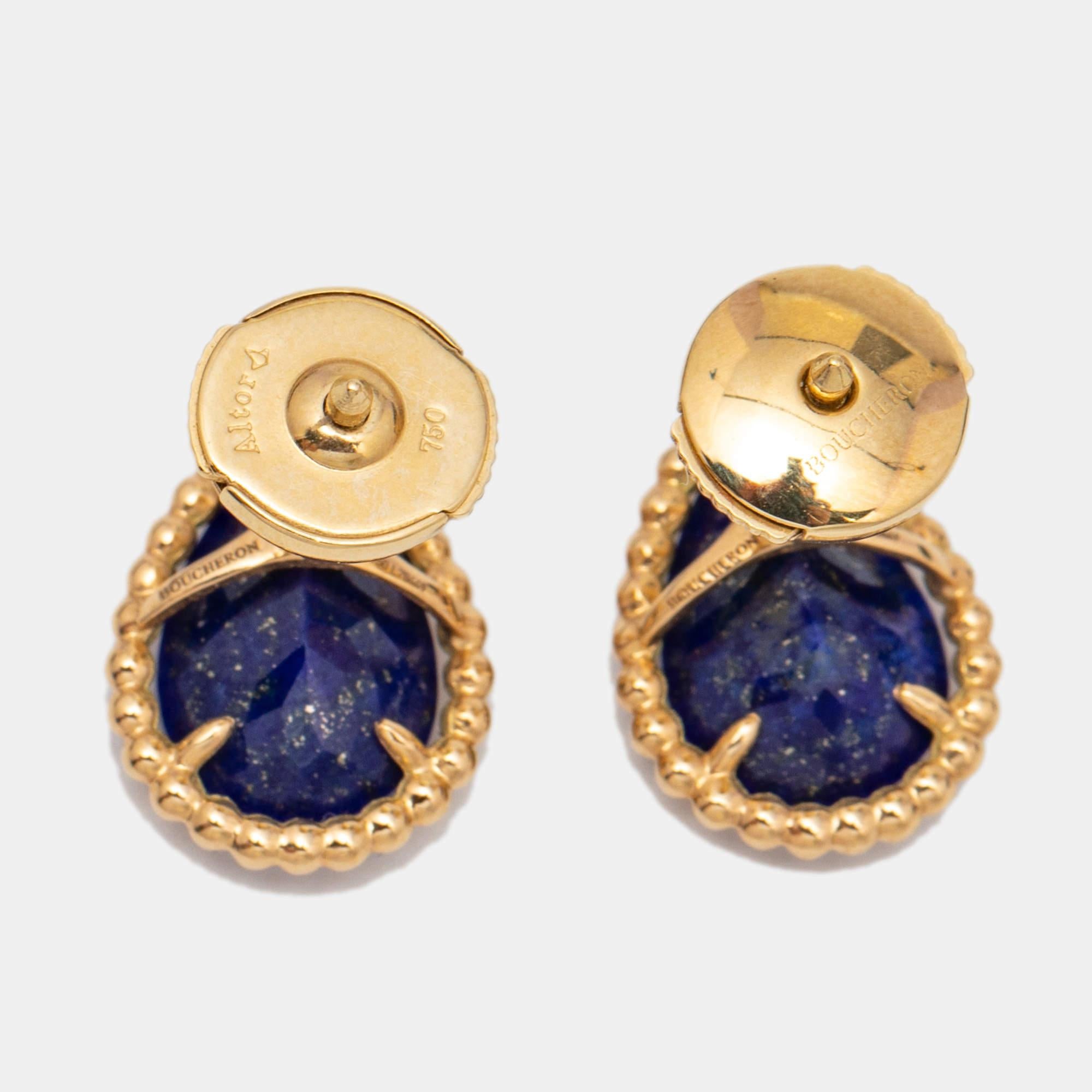 Boucheron's Serpent Boheme line from 1968 is a celebration of the house’s iconic serpent. The designs are defined by beaded borders and pear-shaped motifs. These earrings are crafted using 18k yellow gold and fitted with lapiz lazuli.

