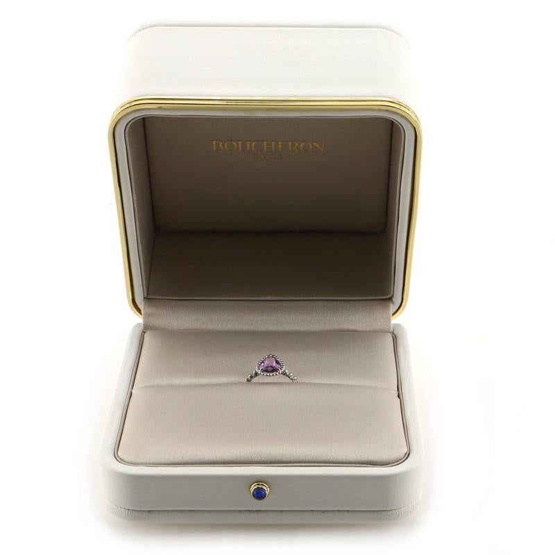 Condition: Excellent. Shows signs of faint wear.
Accessories: No Accessories
Measurements: Size: 5.5, Width: 1.9 mm
Designer: Boucheron
Model: Serpent Boheme Ring 18K White Gold and Amethyst
Exterior Material: 18K White Gold
Exterior Color: White