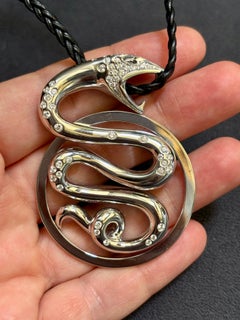 Boucheron Snake Pendant in 18k White Gold and Diamonds with Leather Chain