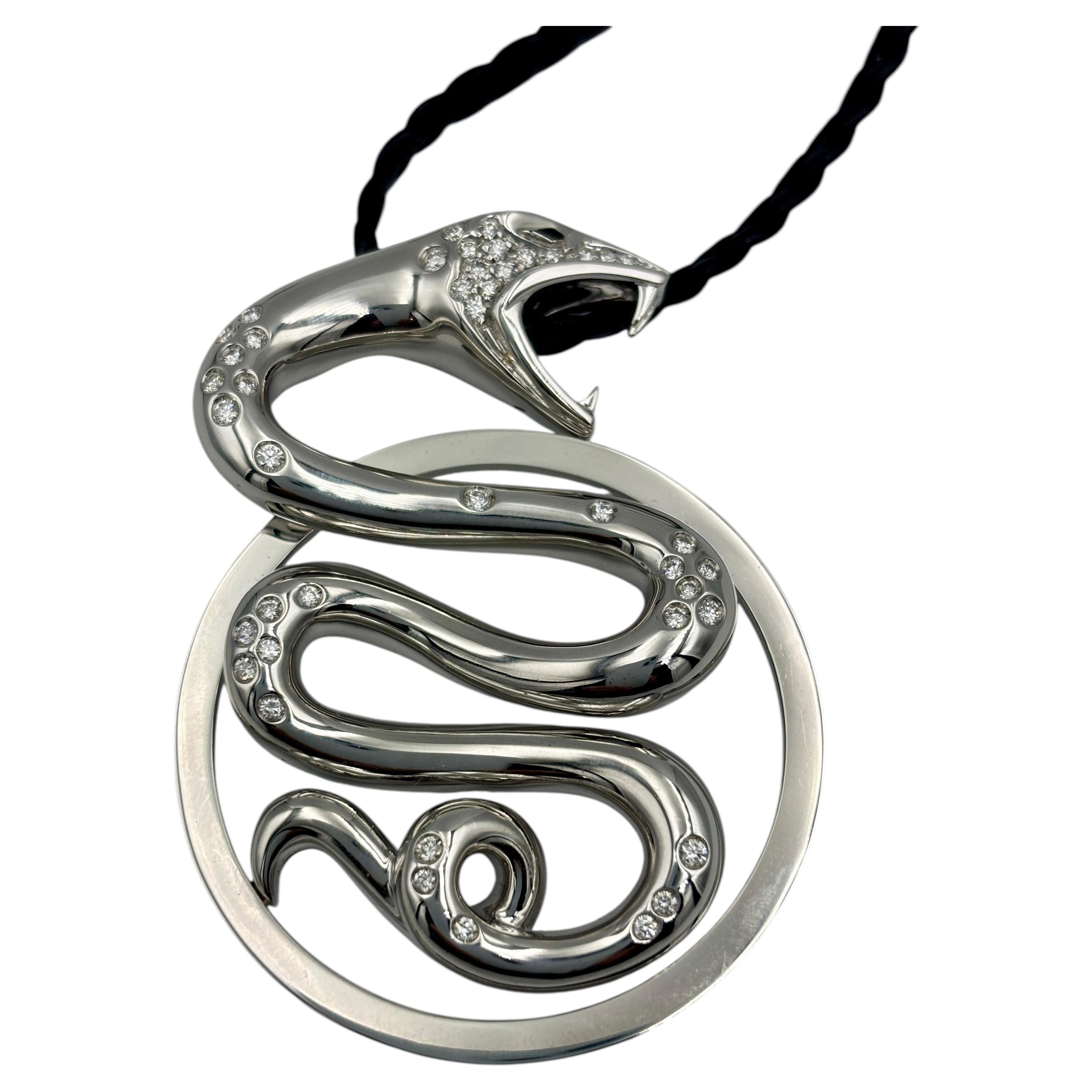 Pre-owned Boucheron Snake Pendant In 18k White Gold And Diamonds With Leather Chain