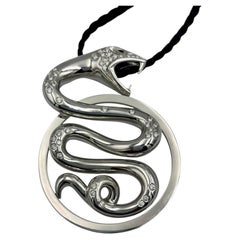 Boucheron Snake Pendant in 18k White Gold and Diamonds with Leather Chain