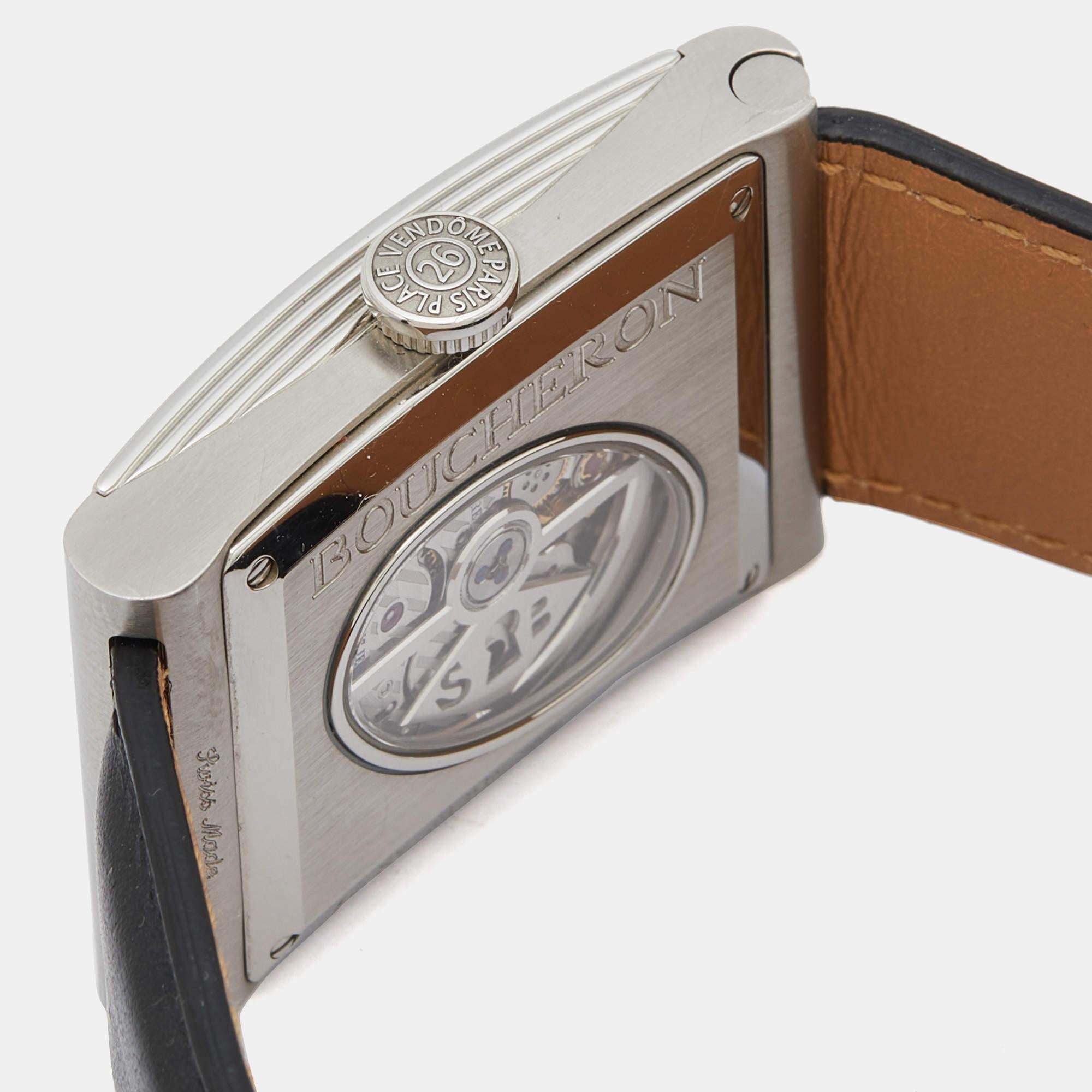 Contemporary Boucheron Stainless Steel Diamond Leather Reflet XL Men's Wristwatch 31.50 mm