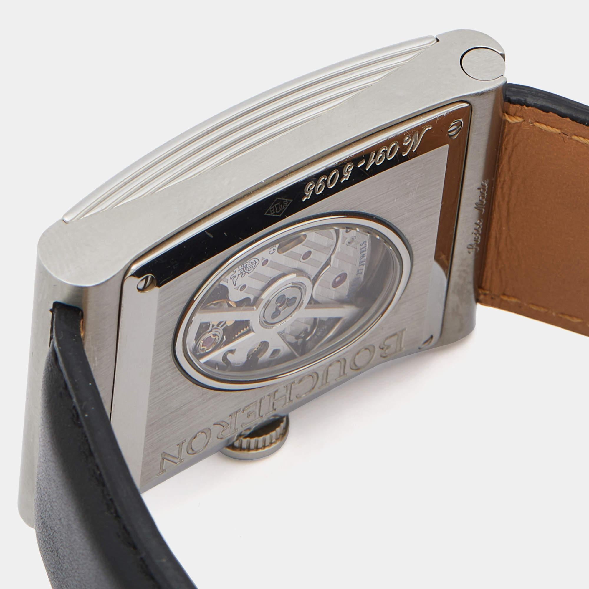 Boucheron Stainless Steel Diamond Leather Reflet XL Men's Wristwatch 31.50 mm In Good Condition In Dubai, Al Qouz 2