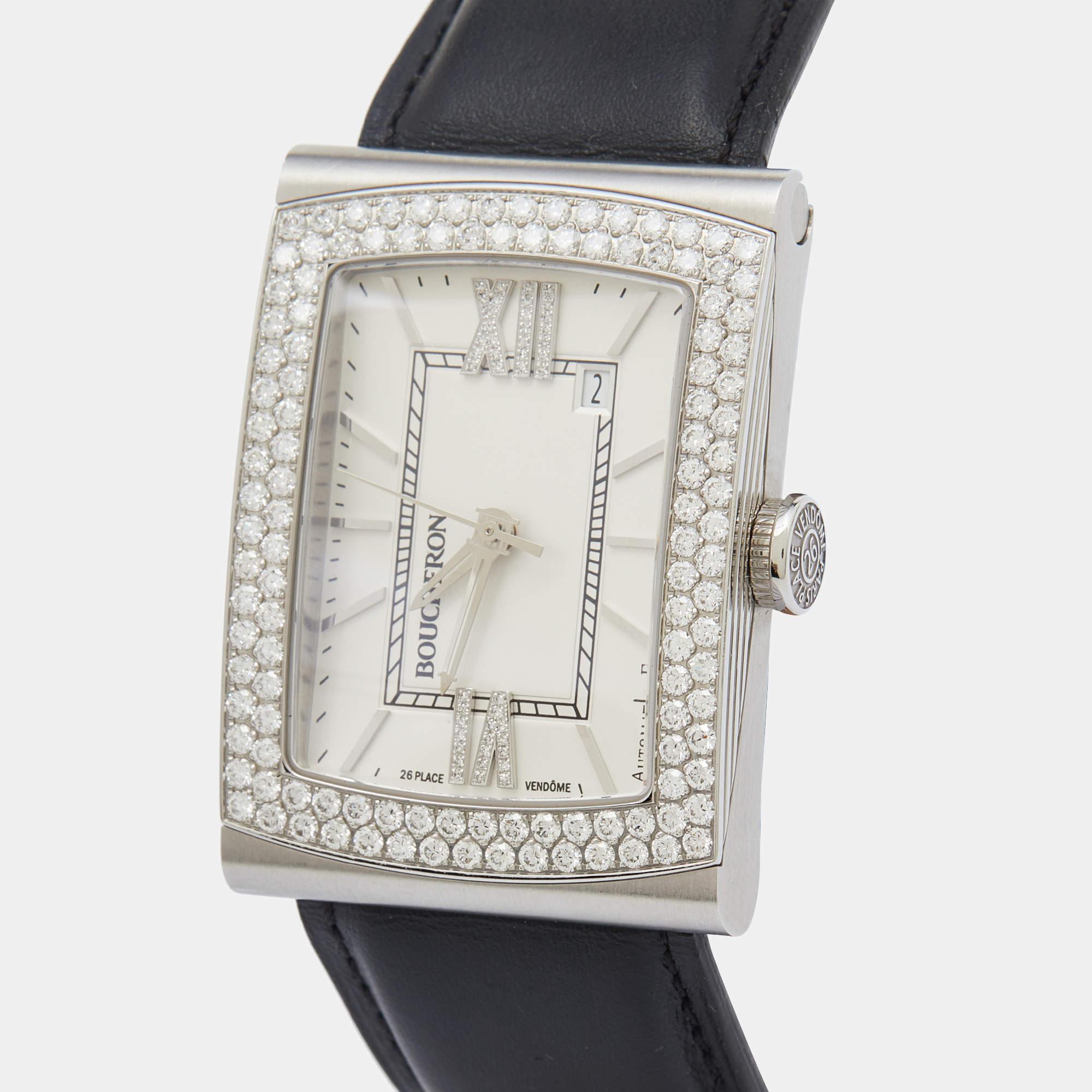 Boucheron Stainless Steel Diamond Leather Reflet XL Men's Wristwatch 31.50 mm 1