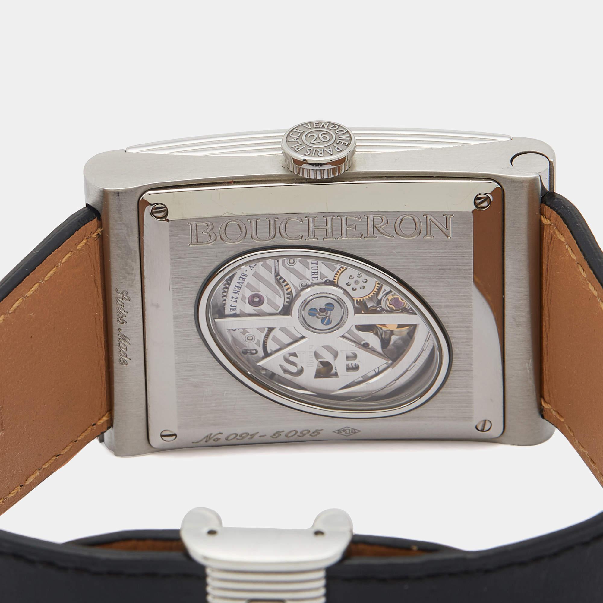 Boucheron Stainless Steel Diamond Leather Reflet XL Men's Wristwatch 31.50 mm 2
