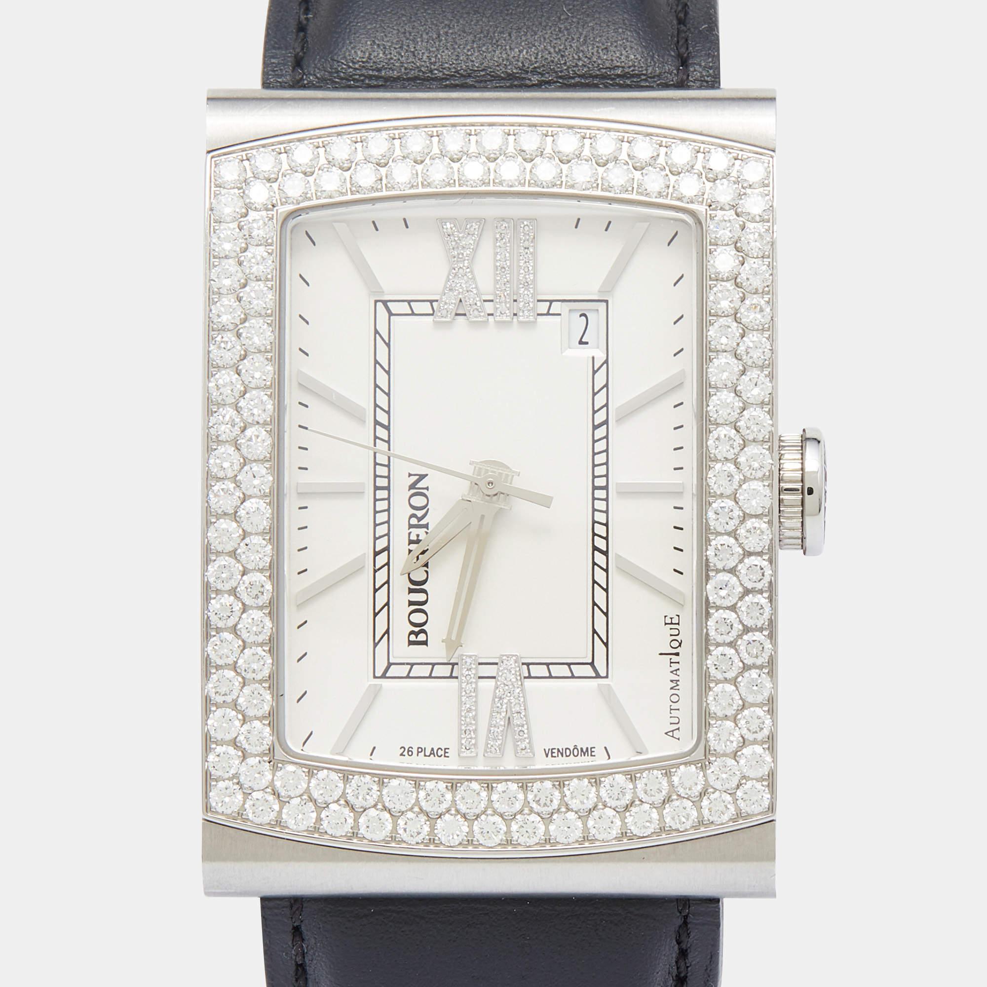 Boucheron Stainless Steel Diamond Leather Reflet XL Men's Wristwatch 31.50 mm 3