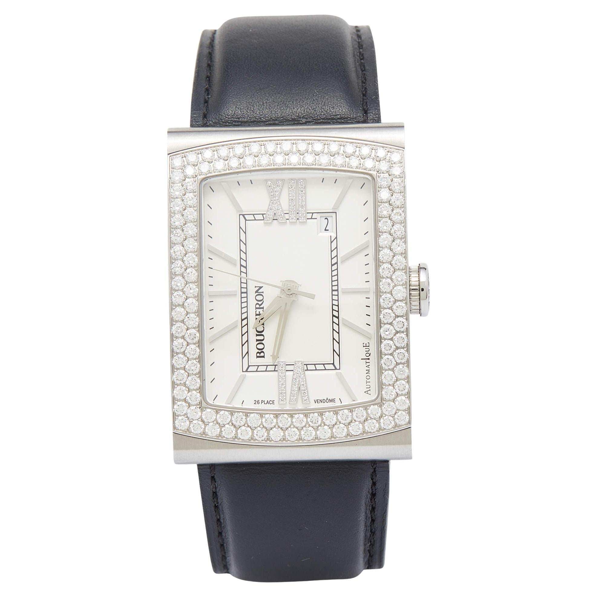 Boucheron Stainless Steel Diamond Leather Reflet XL Men's Wristwatch 31.50 mm