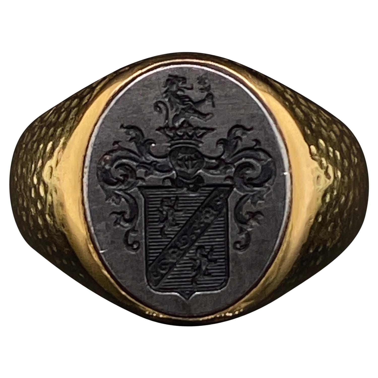 Boucheron Steel and 18 Karat Yellow Gold Signet Ring, Circa 1970