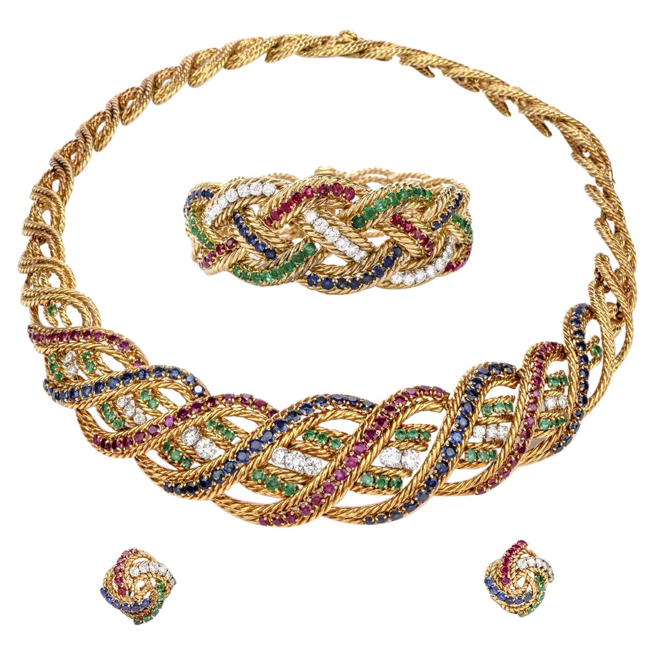 Boucheron Suite Diamond Ruby Sapphire, Emerald Necklaces Bracelets and Earrings