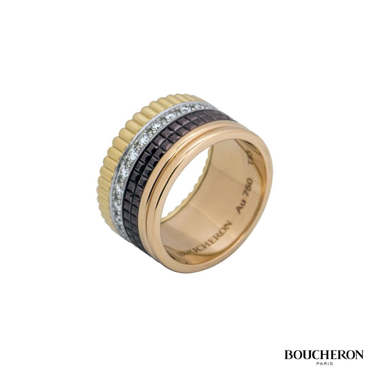 A Large 18k tri-colour diamond and PVD coated ring by Boucheron from the Quatre Classique collection. The ring comprises of four bands that are made up of a double band in rose gold, a double row of brown PVD in a square block design, a single row