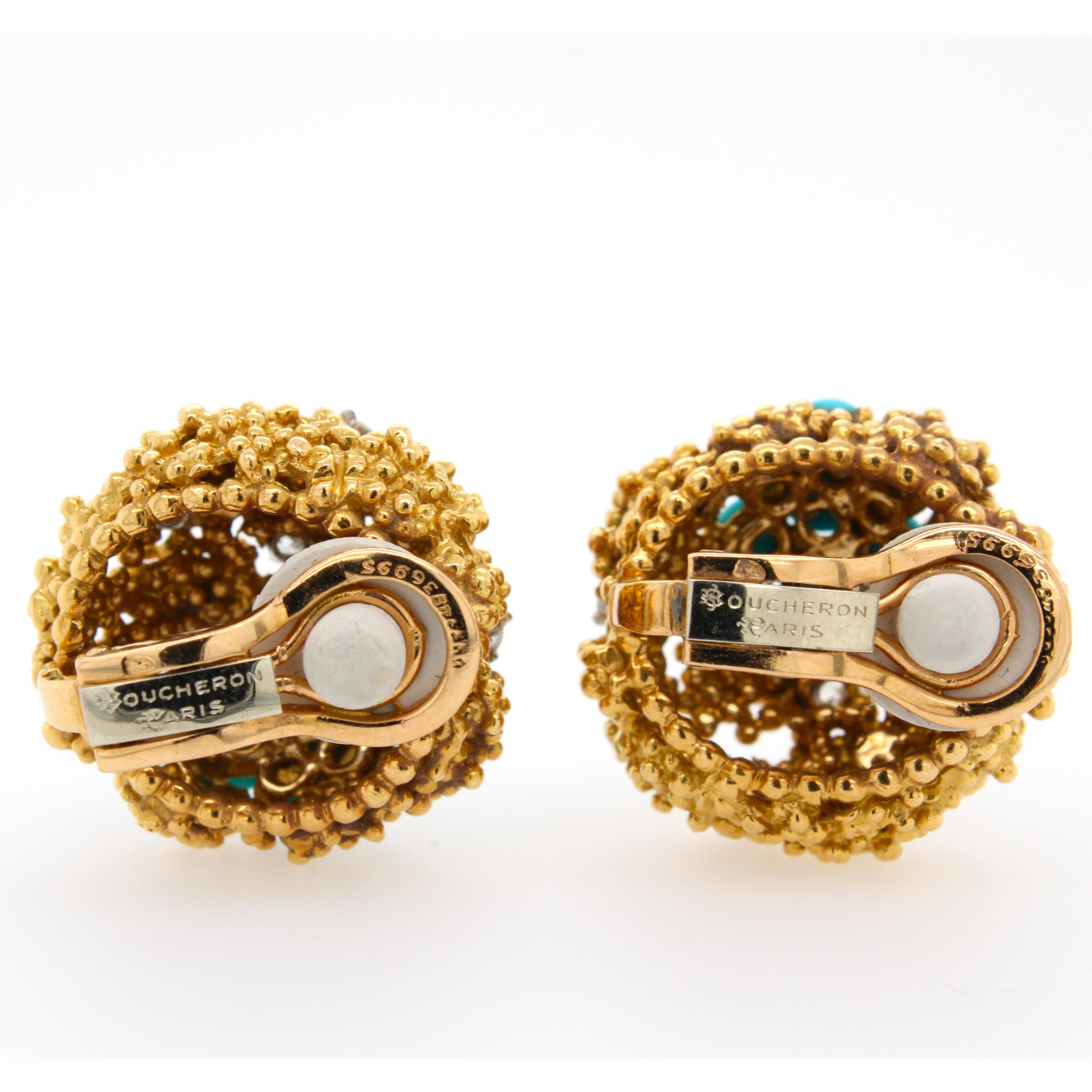 Round Cut Boucheron Turqouise and Diamond Gold Nugget Earrings, 1940s