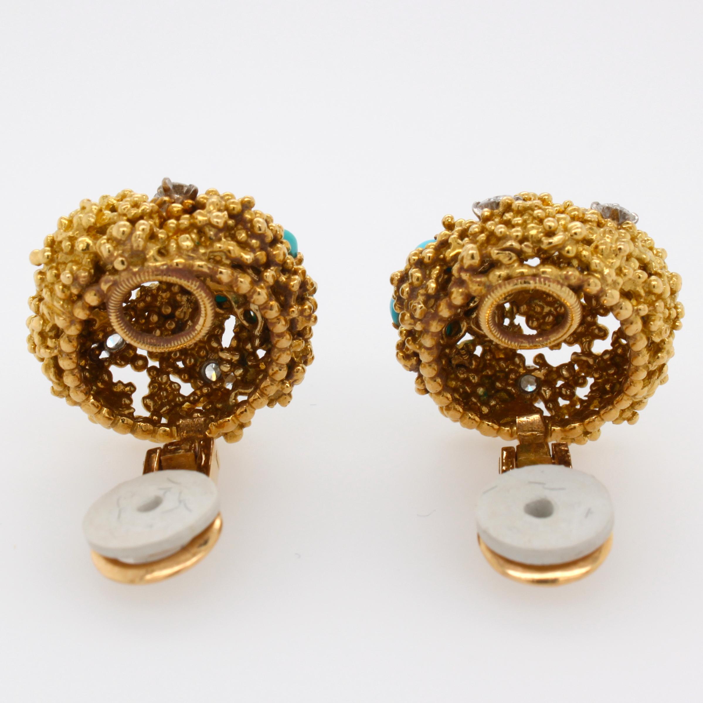 Boucheron Turqouise and Diamond Gold Nugget Earrings, 1940s In Excellent Condition In Idar-Oberstein, DE