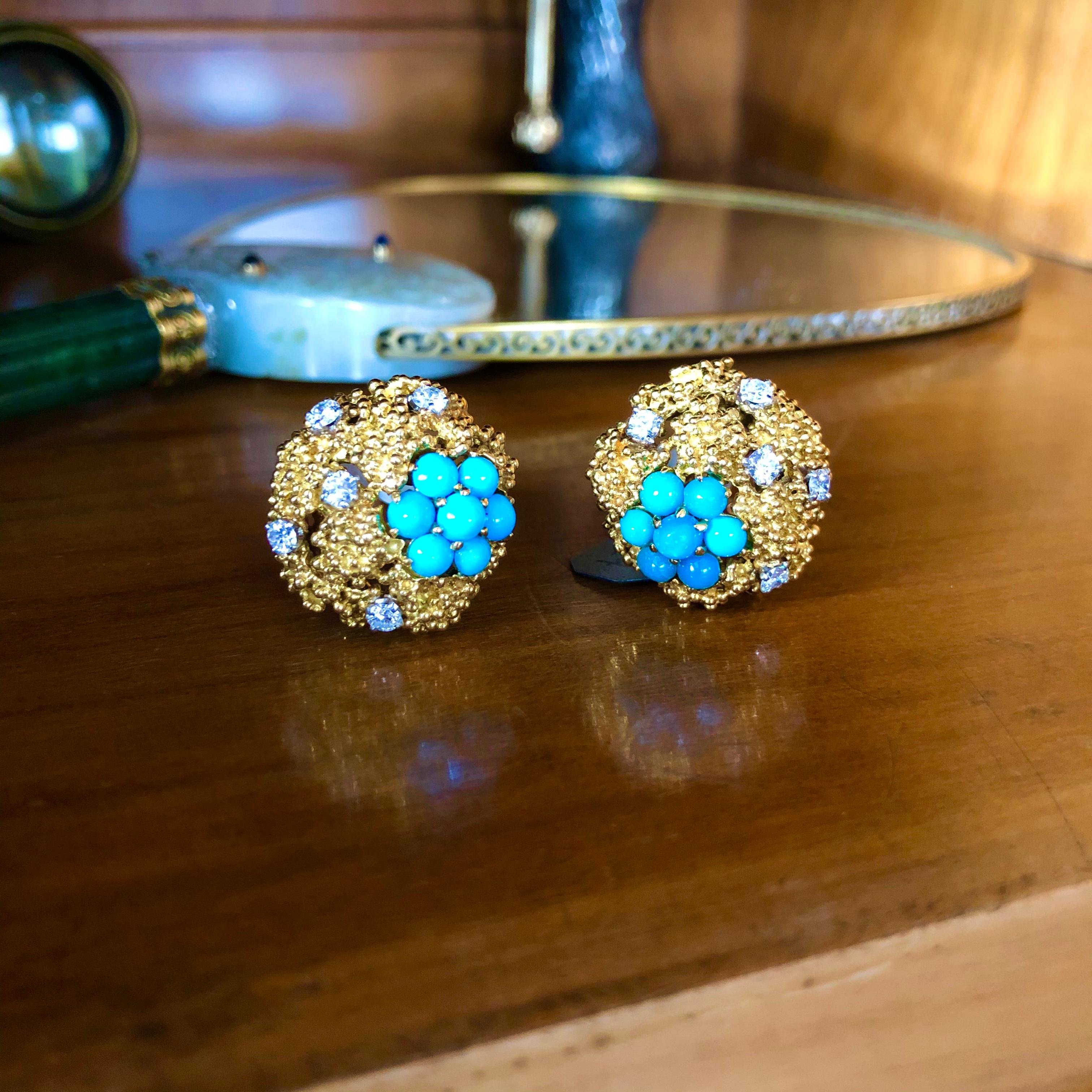 Boucheron Turqouise and Diamond Gold Nugget Earrings, 1940s 1
