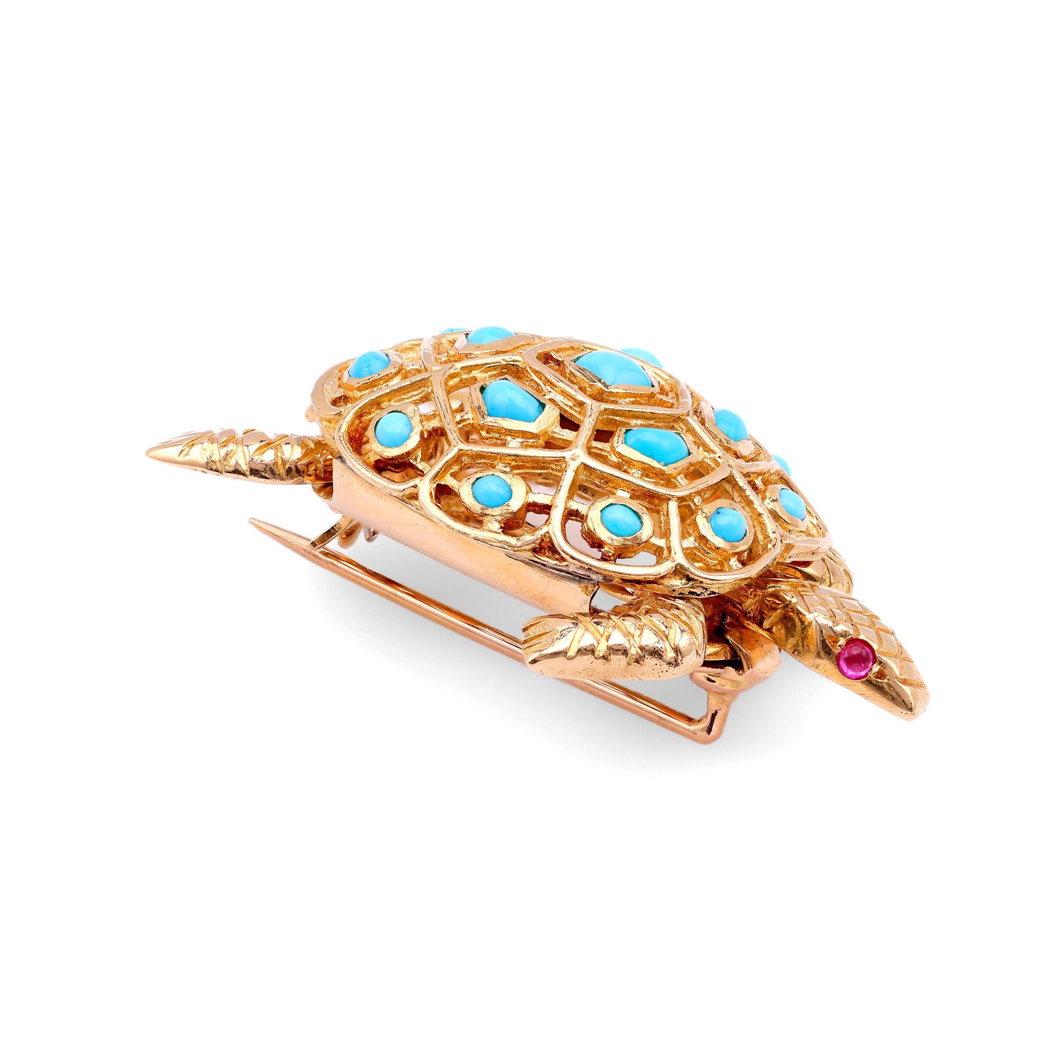 Schildkrötenbrosche von Boucheron, Türkis 18K Gelbgold (Cabochon)