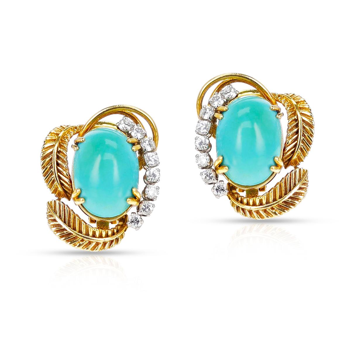 A pair of Boucheron Turquoise Cabochon and Diamond Earrings made in 18 Karat Yellow Gold.
