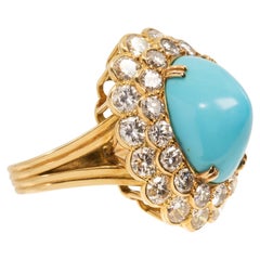 Vintage Boucheron Turquoise Diamond 18 Karat Yellow Gold Ring Circa 1960