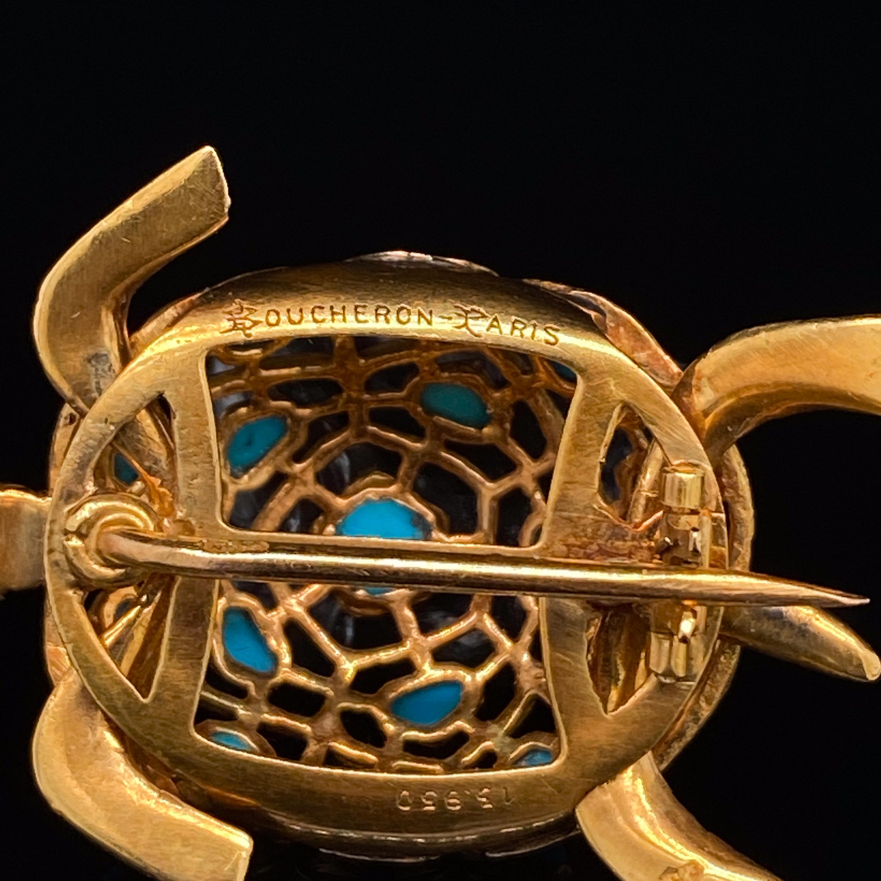 An utterly charming 18 Karat Yellow Gold turtle brooch crafted by the prestigious Parisian jeweller, Boucheron.

This vintage turtle pin brooch is highly collectible. Its shell features a gold open work design bezel set with 16 turquoise cabochons.