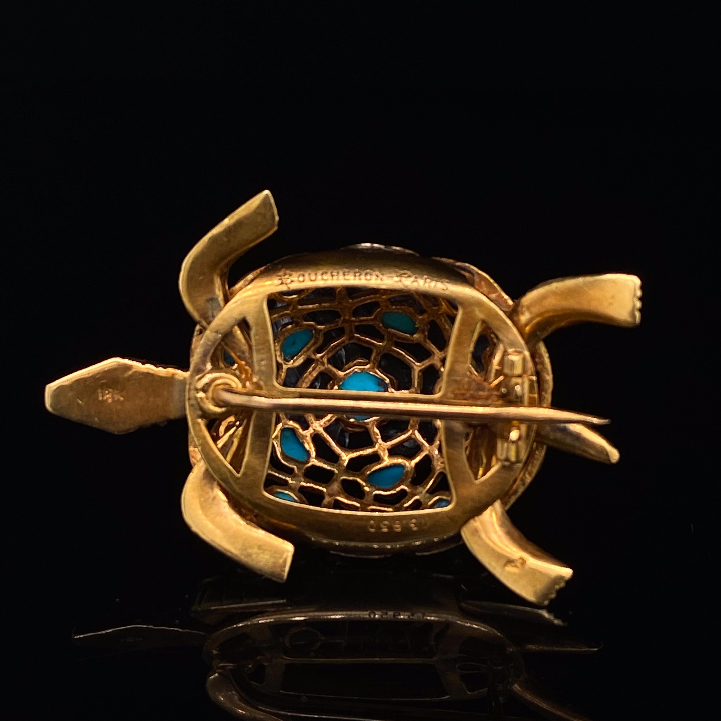 Boucheron Turquoise Turtle Brooch 18 Karat Yellow Gold, Circa 1960 In Good Condition In London, GB