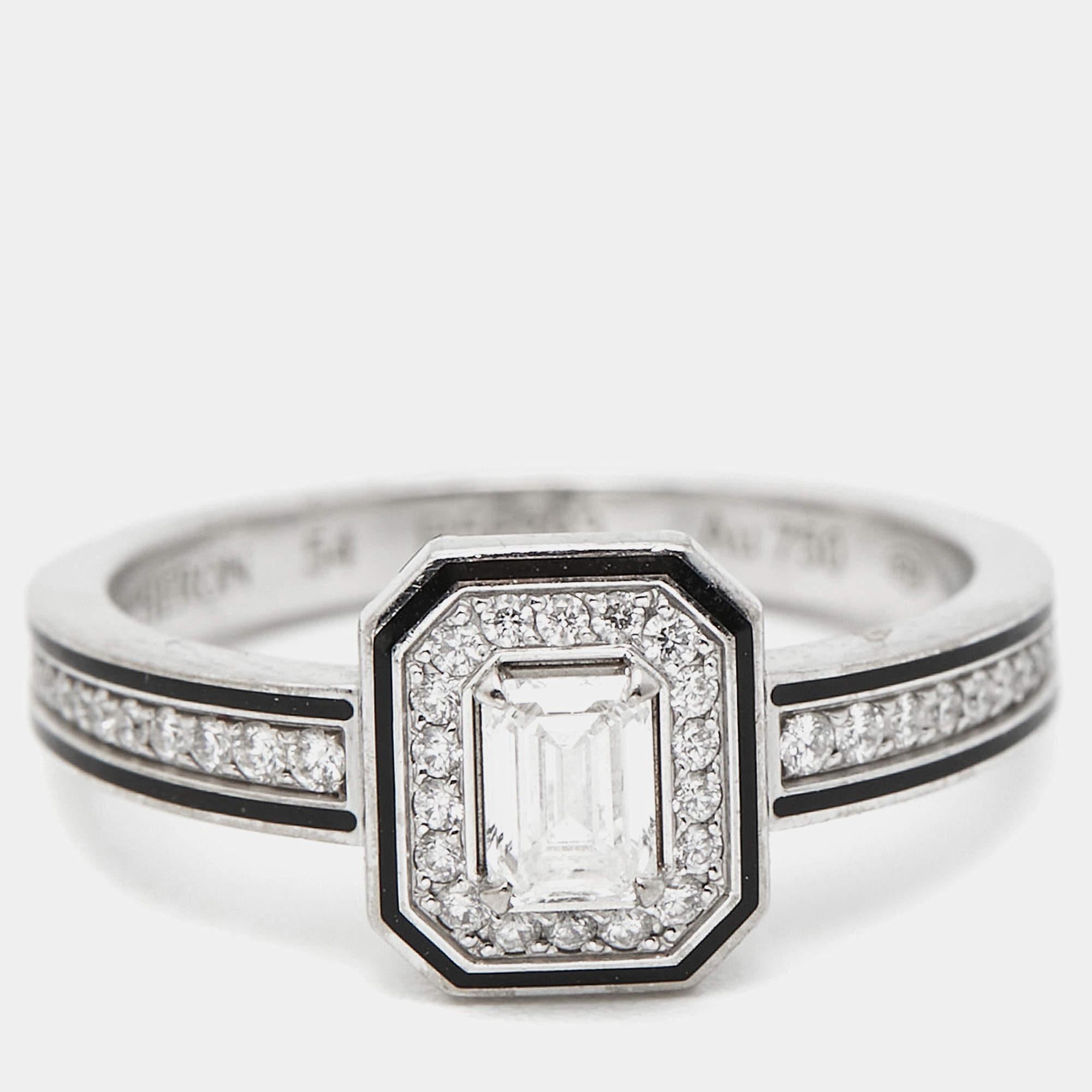 Contemporary Boucheron Vendôme liseré Diamonds Black Lacquer 18k White Gold Ring Size 54 For Sale