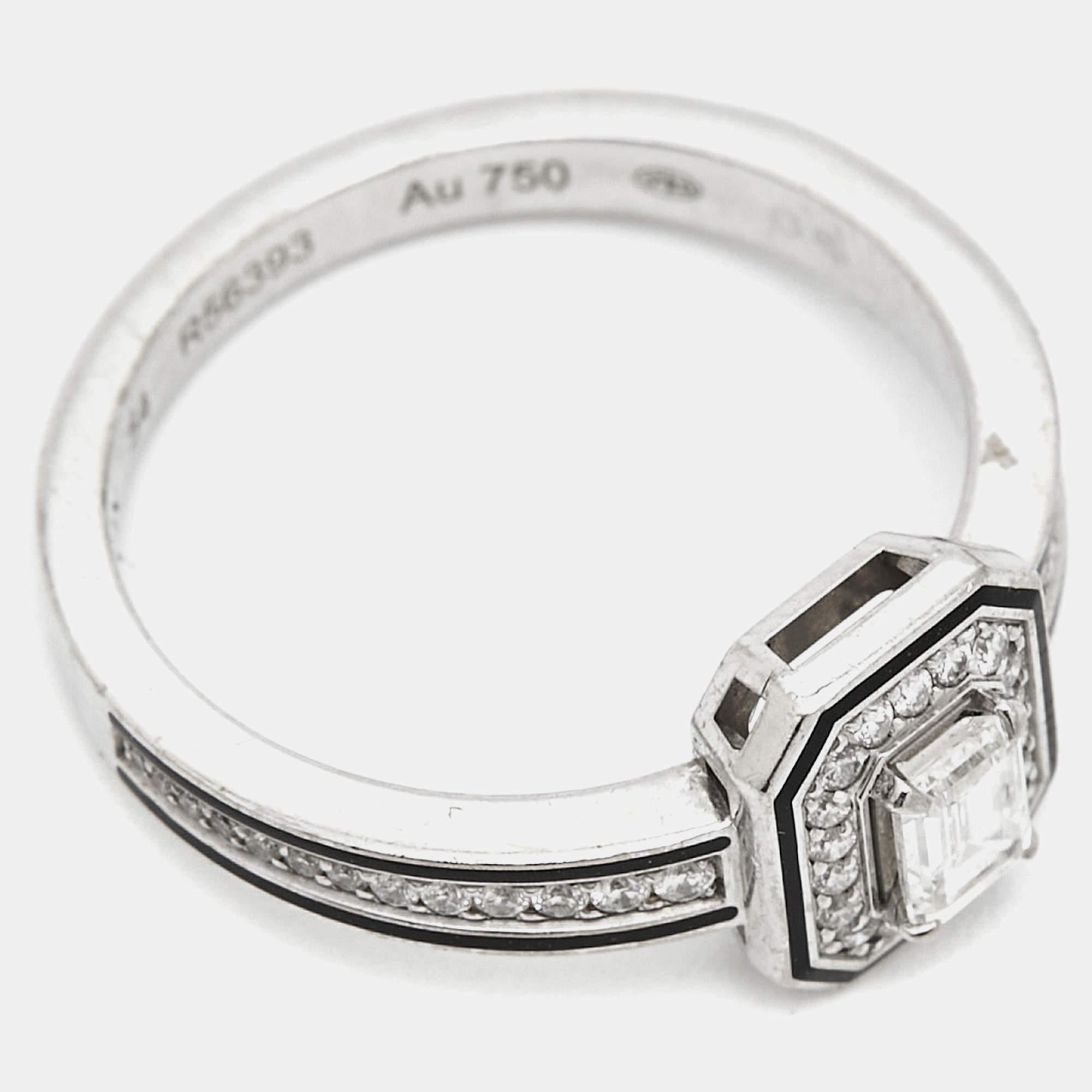 Boucheron Vendôme liseré Diamonds Black Lacquer 18k White Gold Ring Size 54 In Fair Condition For Sale In Dubai, Al Qouz 2