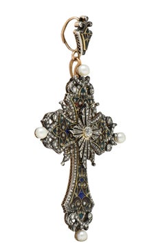 Boucheron Victorian Diamond Enamel Silver 18K Yellow Gold Antique Cross Pendant