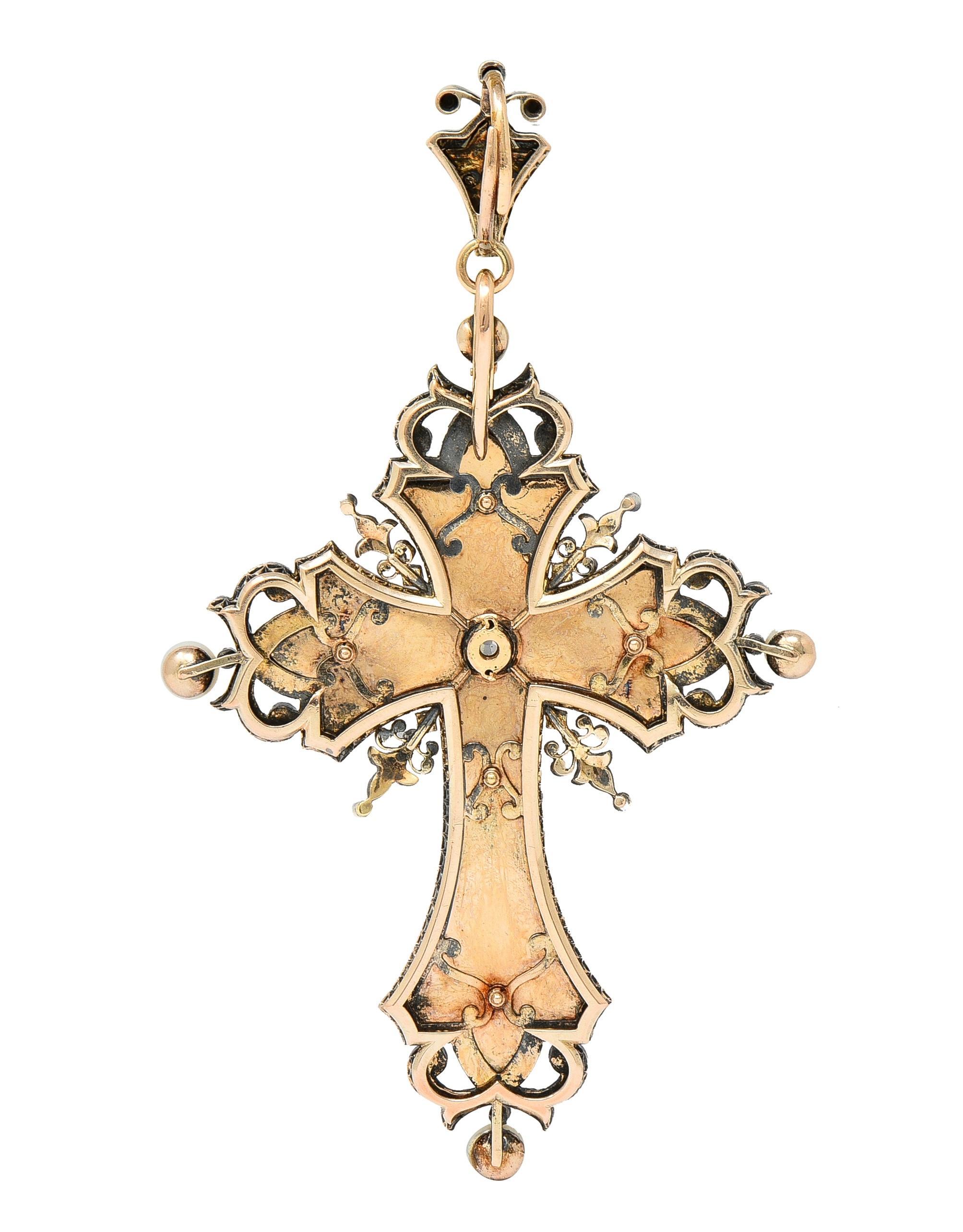 Vittoriano Boucheron Victorian Diamond Enamel Silver 18K Yellow Gold Antique Cross Pendant in vendita
