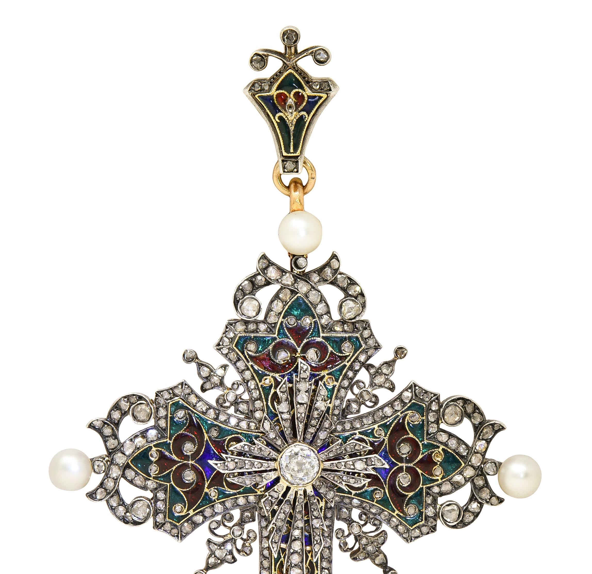 Boucheron Victorian Diamond Enamel Silver 18K Yellow Gold Antique Cross Pendant In condizioni ottime in vendita a Philadelphia, PA