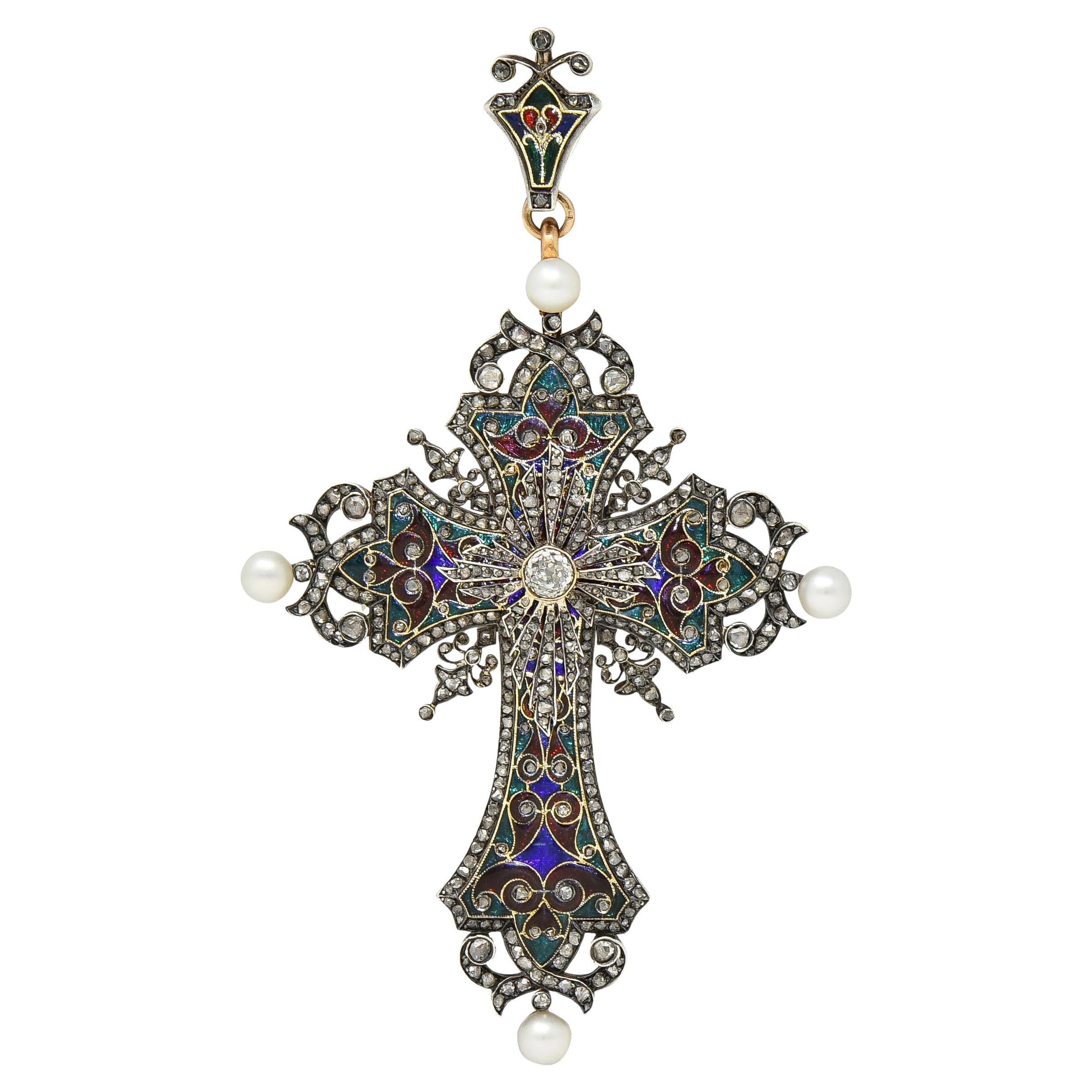 Boucheron Victorian Diamond Enamel Silver 18K Yellow Gold Antique Cross Pendant