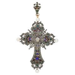Boucheron Victorian Diamond Enamel Silver 18K Yellow Gold Antique Cross Pendant