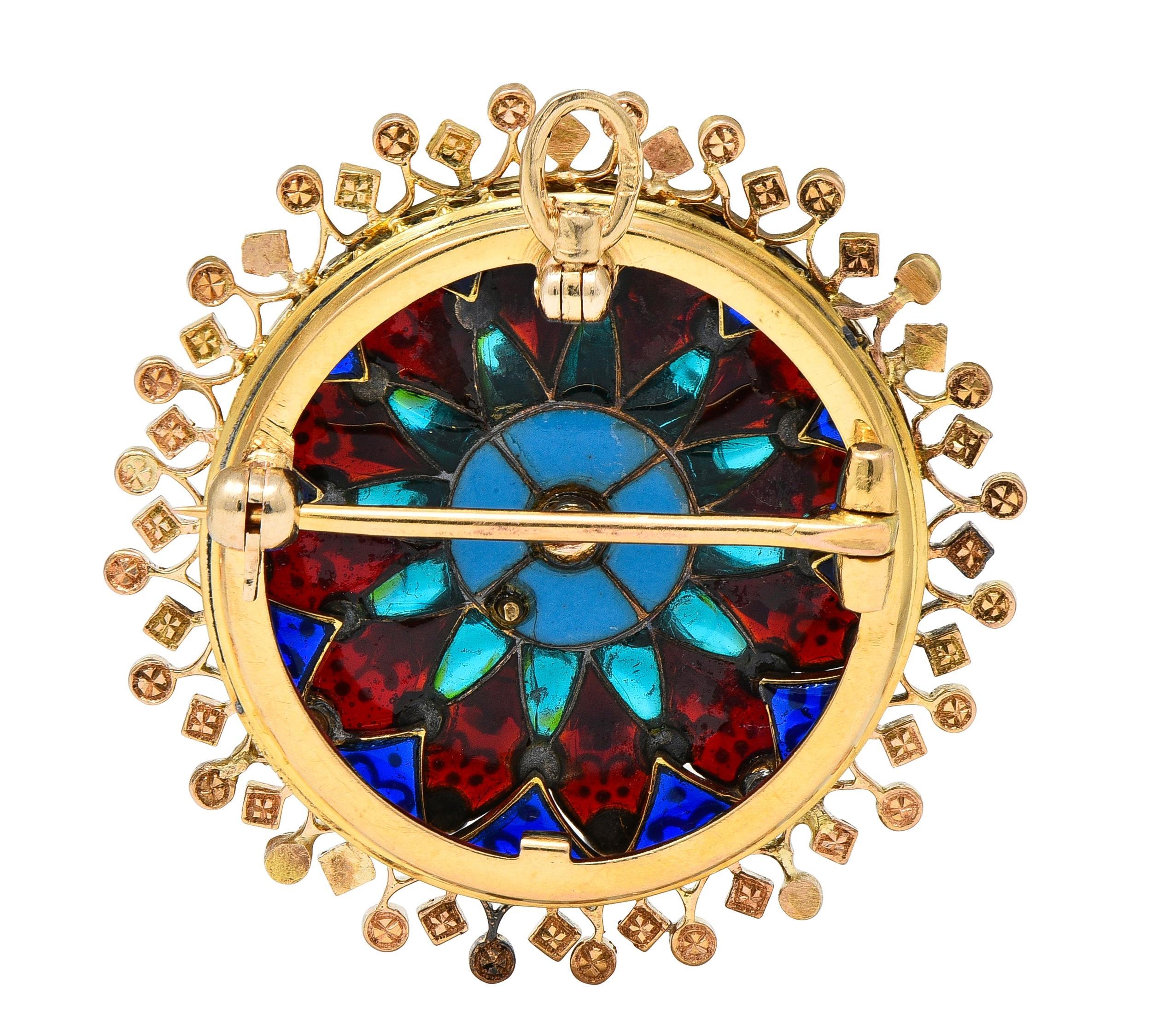 Boucheron Spilla vittoriana Plique-à-Jour con smalto in oro 18 carati e ciondolo rosaceo antico In condizioni ottime in vendita a Philadelphia, PA
