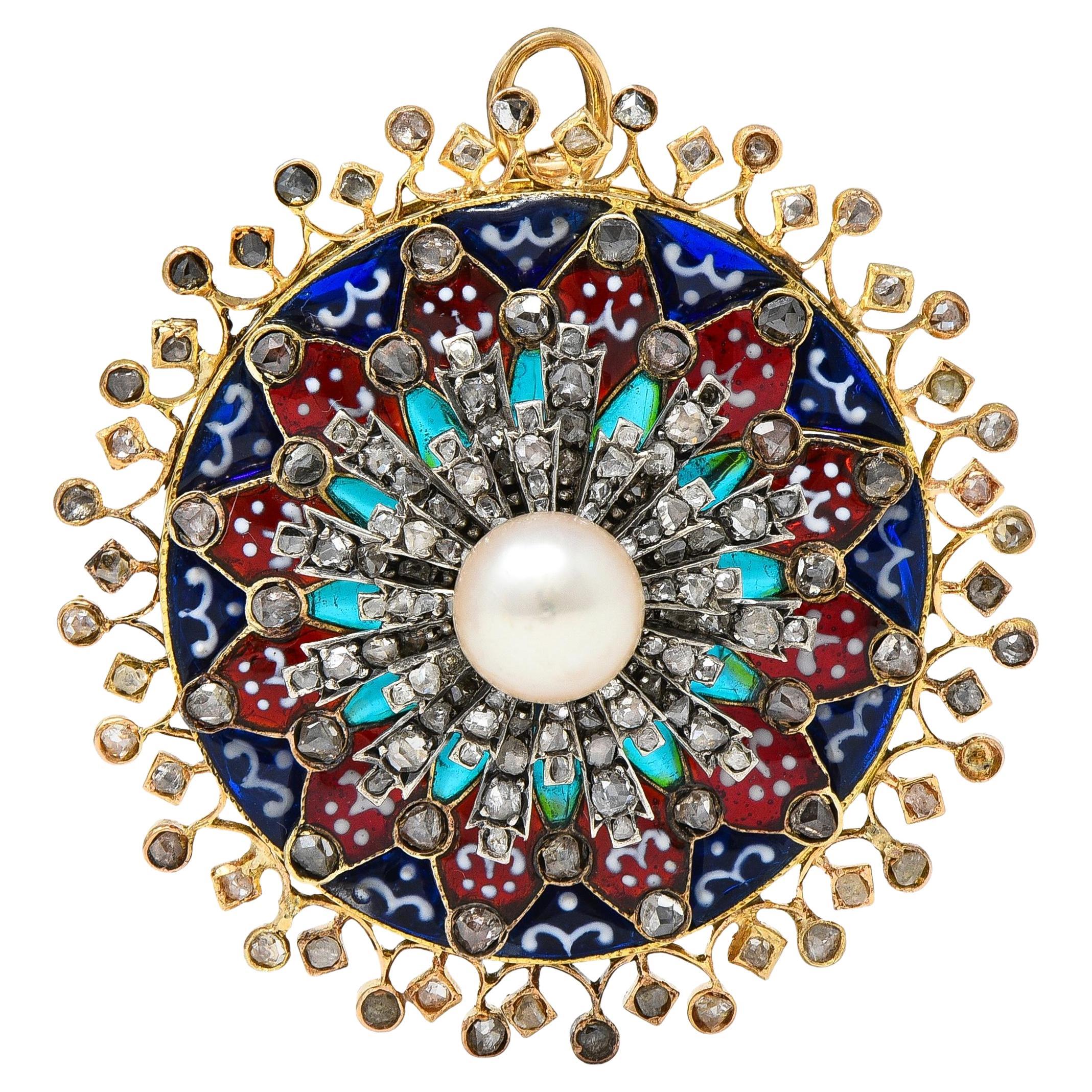 Boucheron Victorian Plique-à-Jour Enamel 18K Gold Antique Rosace Pendant Brooch