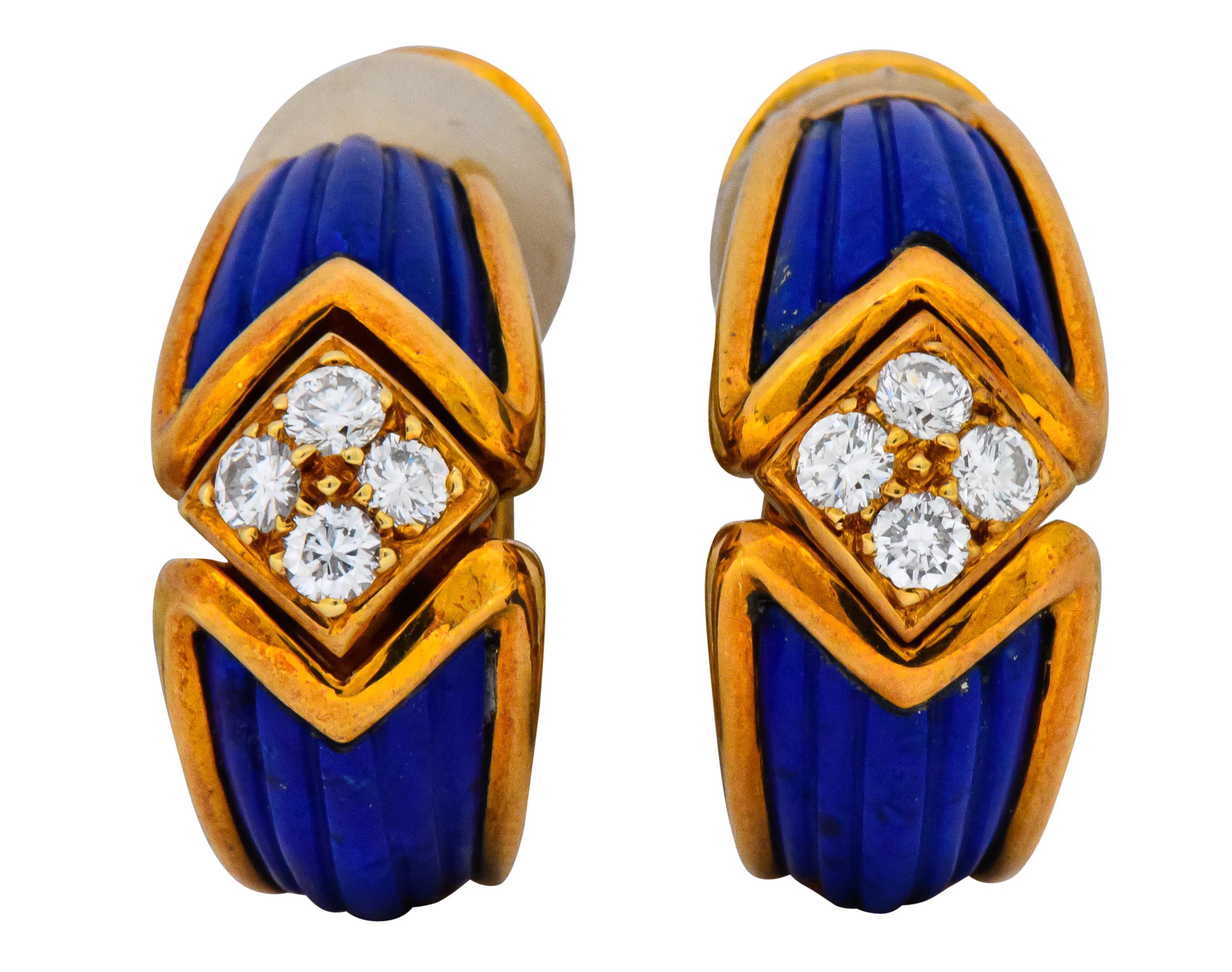 Boucheron Vintage 0.51 Carat Diamond Lapis 18 Karat Gold Ear-Clip Earrings In Excellent Condition In Philadelphia, PA