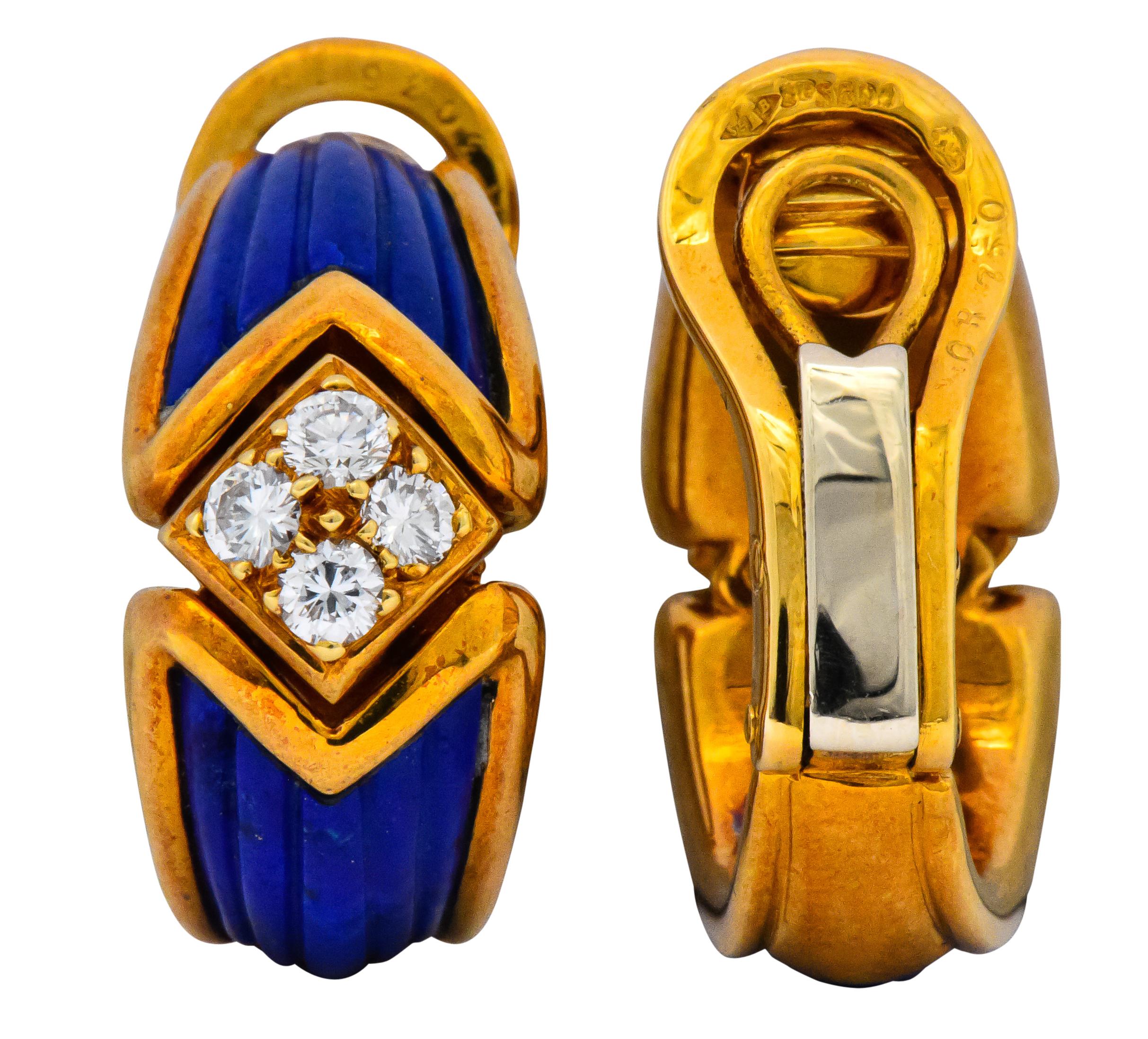 Boucheron Vintage 0.51 Carat Diamond Lapis 18 Karat Gold Ear-Clip Earrings 1