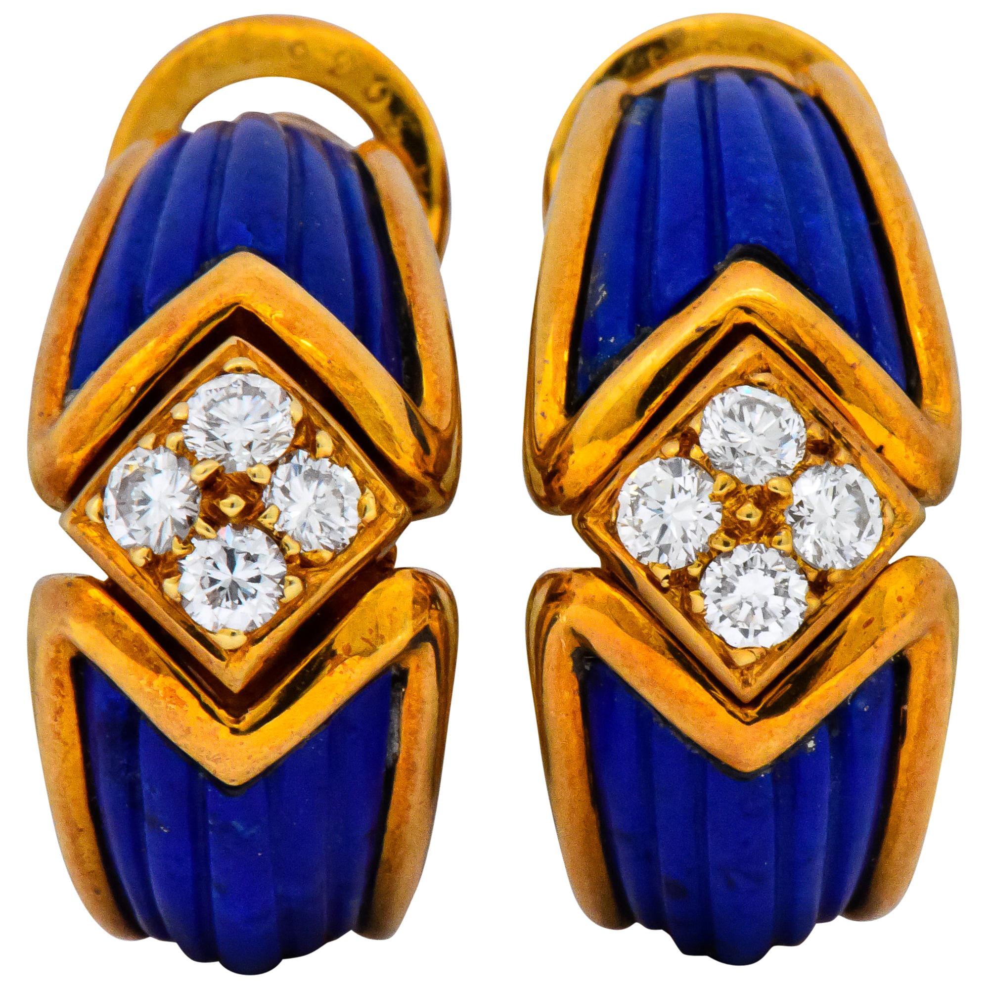 Boucheron Vintage 0.51 Carat Diamond Lapis 18 Karat Gold Ear-Clip Earrings