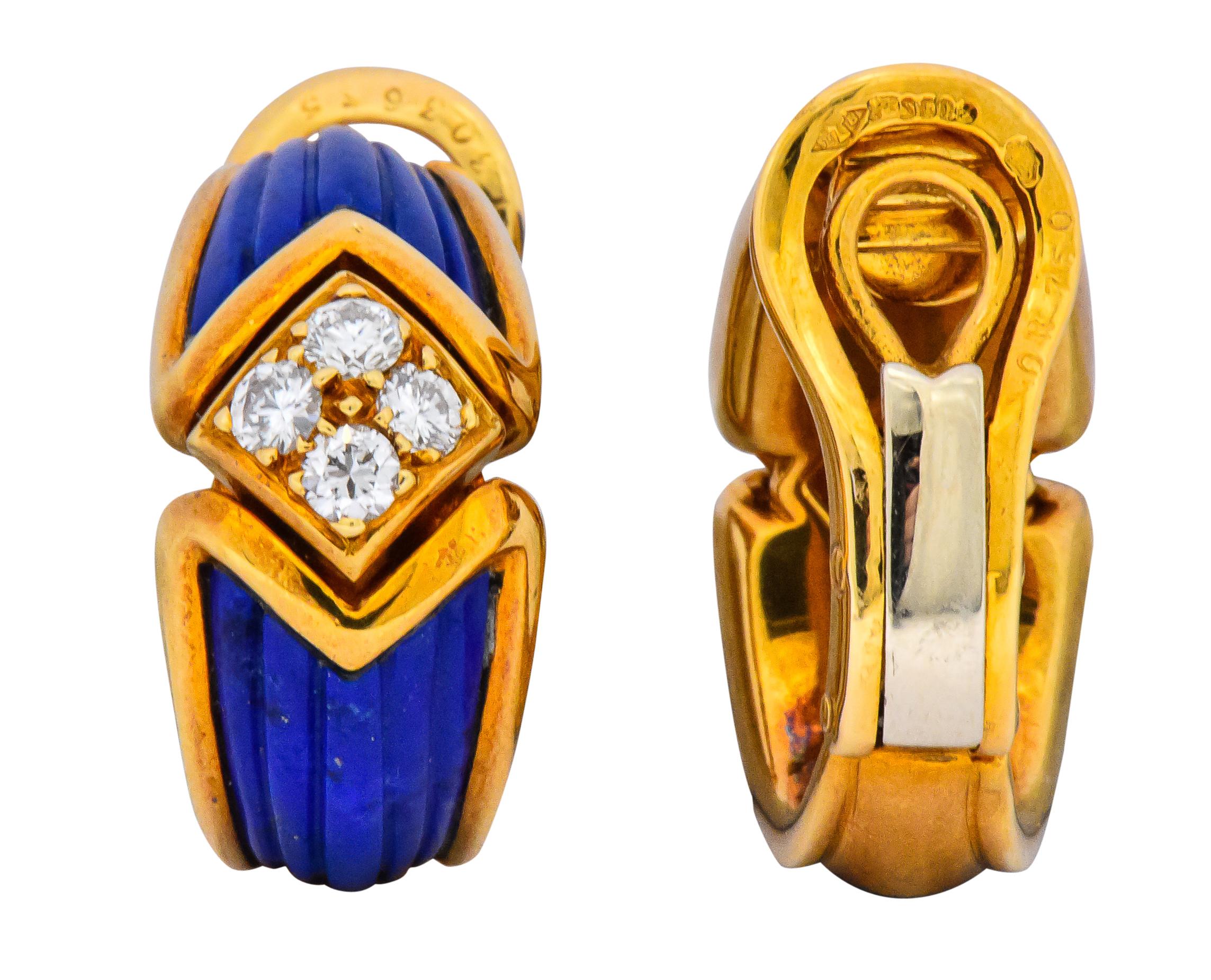 Women's or Men's Boucheron Vintage 0.51 Carat Diamond Lapis 18 Karat Gold French Clip Earrings