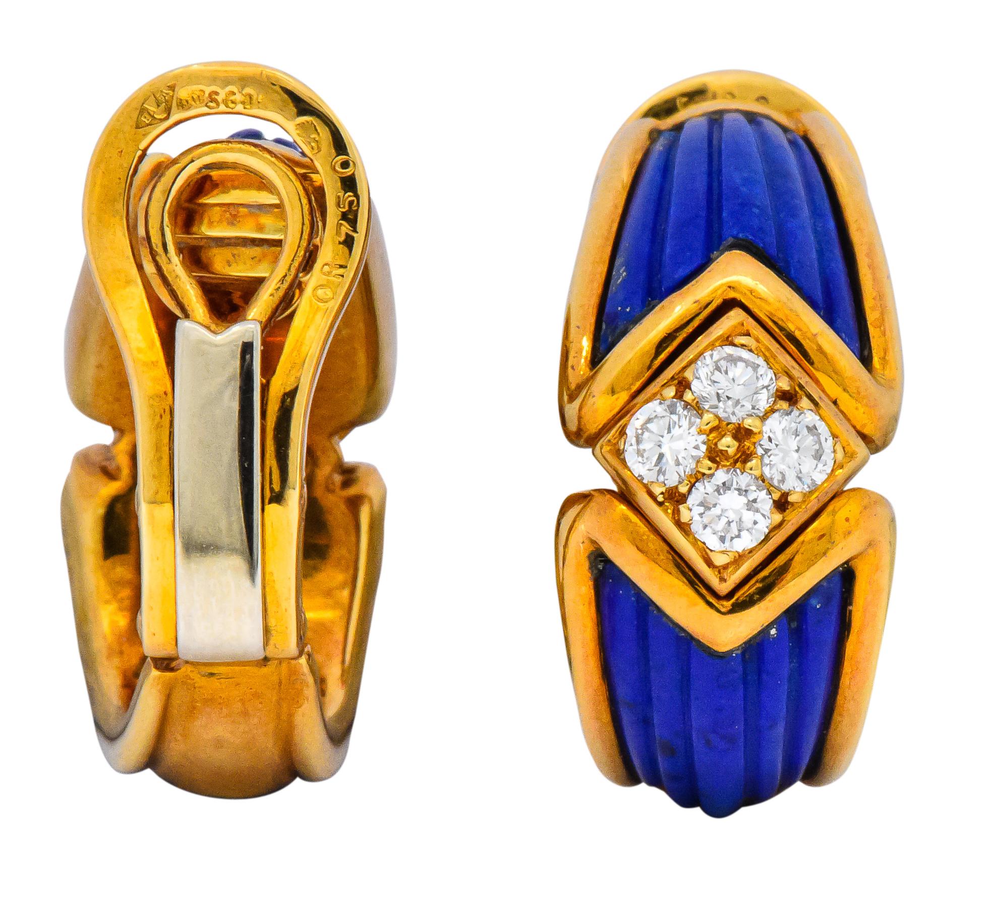 Boucheron Vintage 0.51 Carat Diamond Lapis 18 Karat Gold French Clip Earrings 1