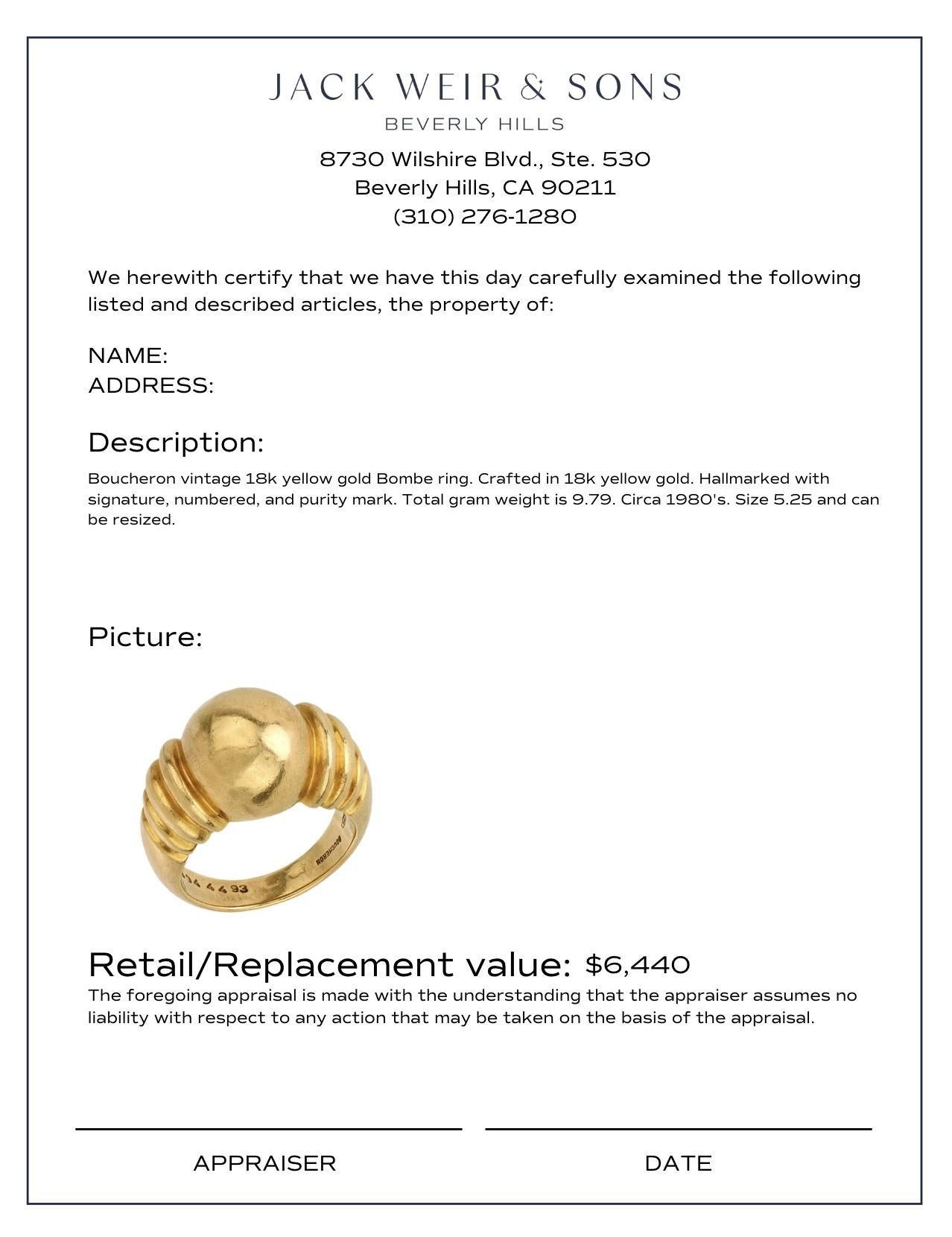 Women's Boucheron vintage 18k yellow gold Bombe ring For Sale
