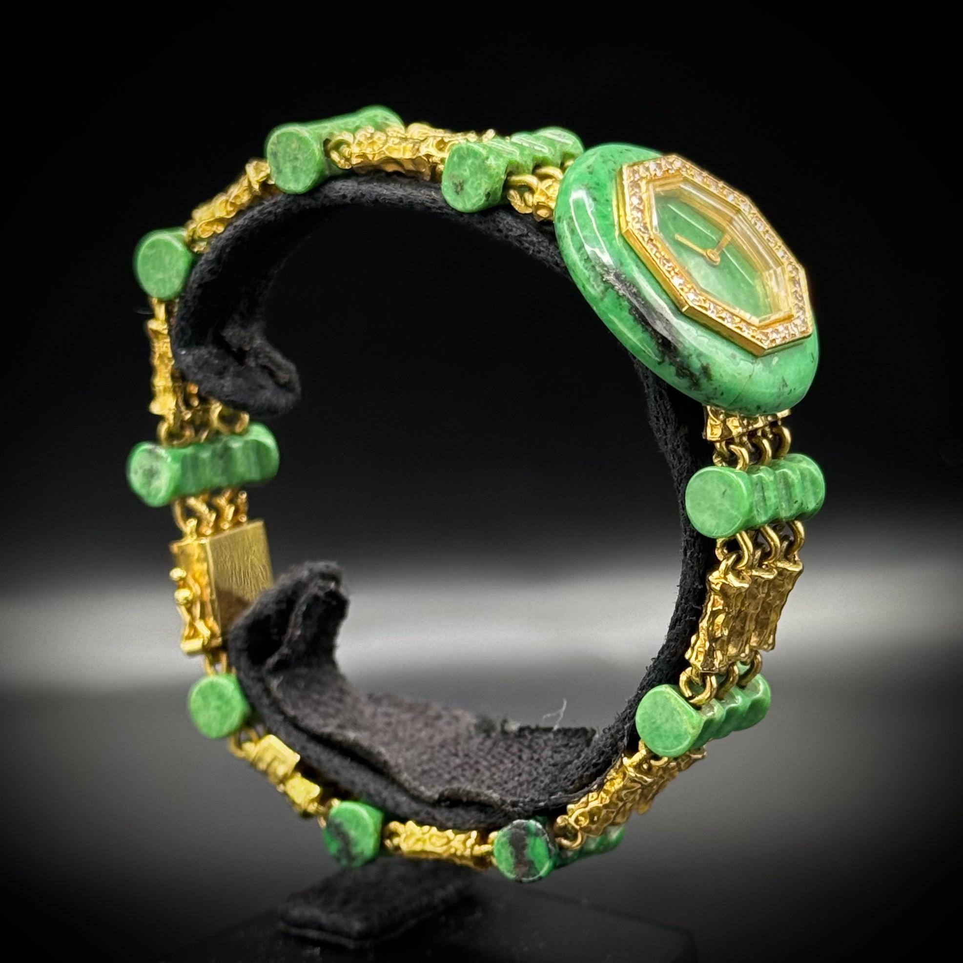 Boucheron Vintage Bamboo Anyolite Diamonds 18K Yellow Gold Watch France 1970s For Sale 5