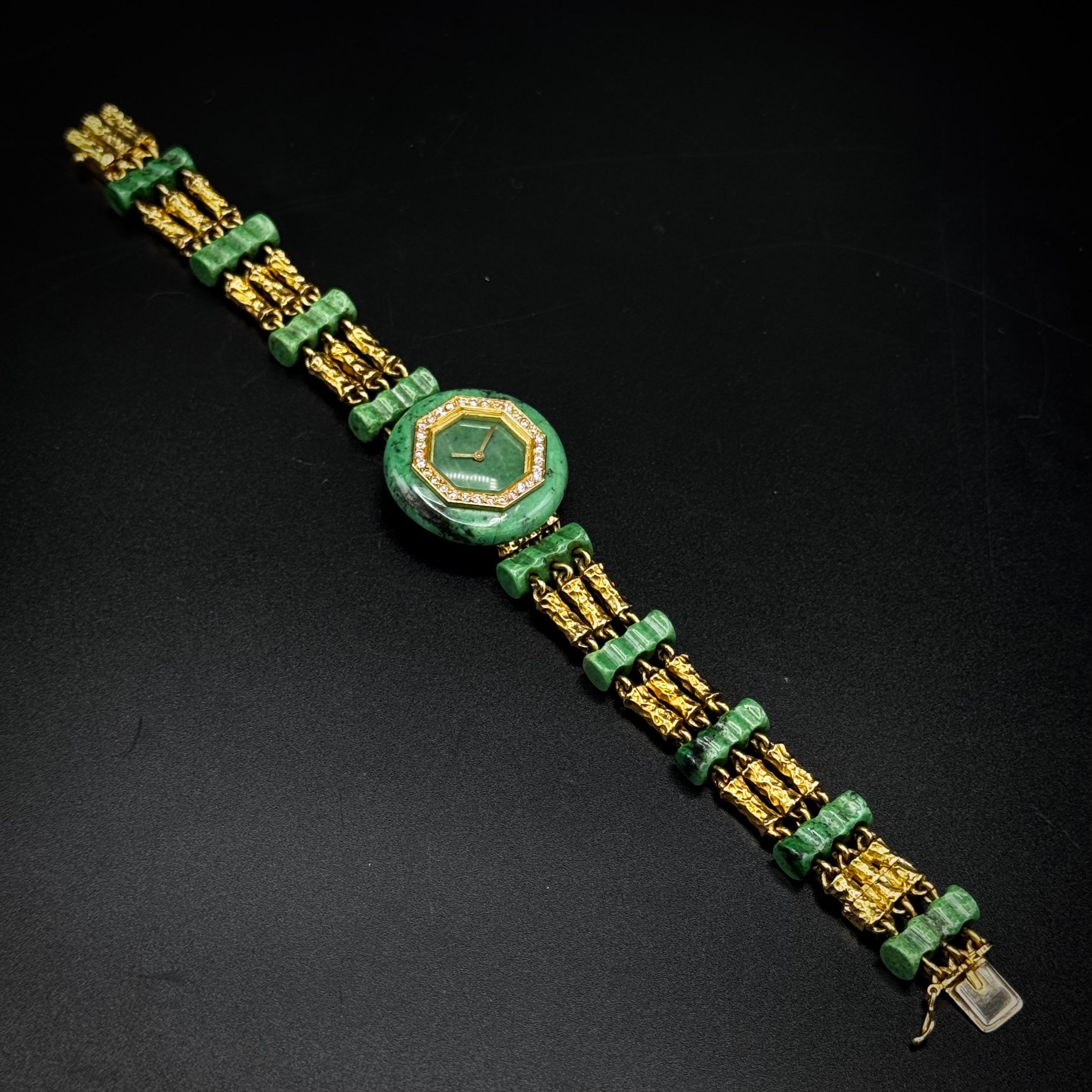 BOUCHERON ‘Bamboo’ anyolite and diamonds manual watch in 18kt yellow gold, France, 1970s. Embodying the pinnacle of 1970’s haute horlogerie, this Boucheron 'Bamboo' timepiece is a testament to the harmony between natural elements and opulent design.