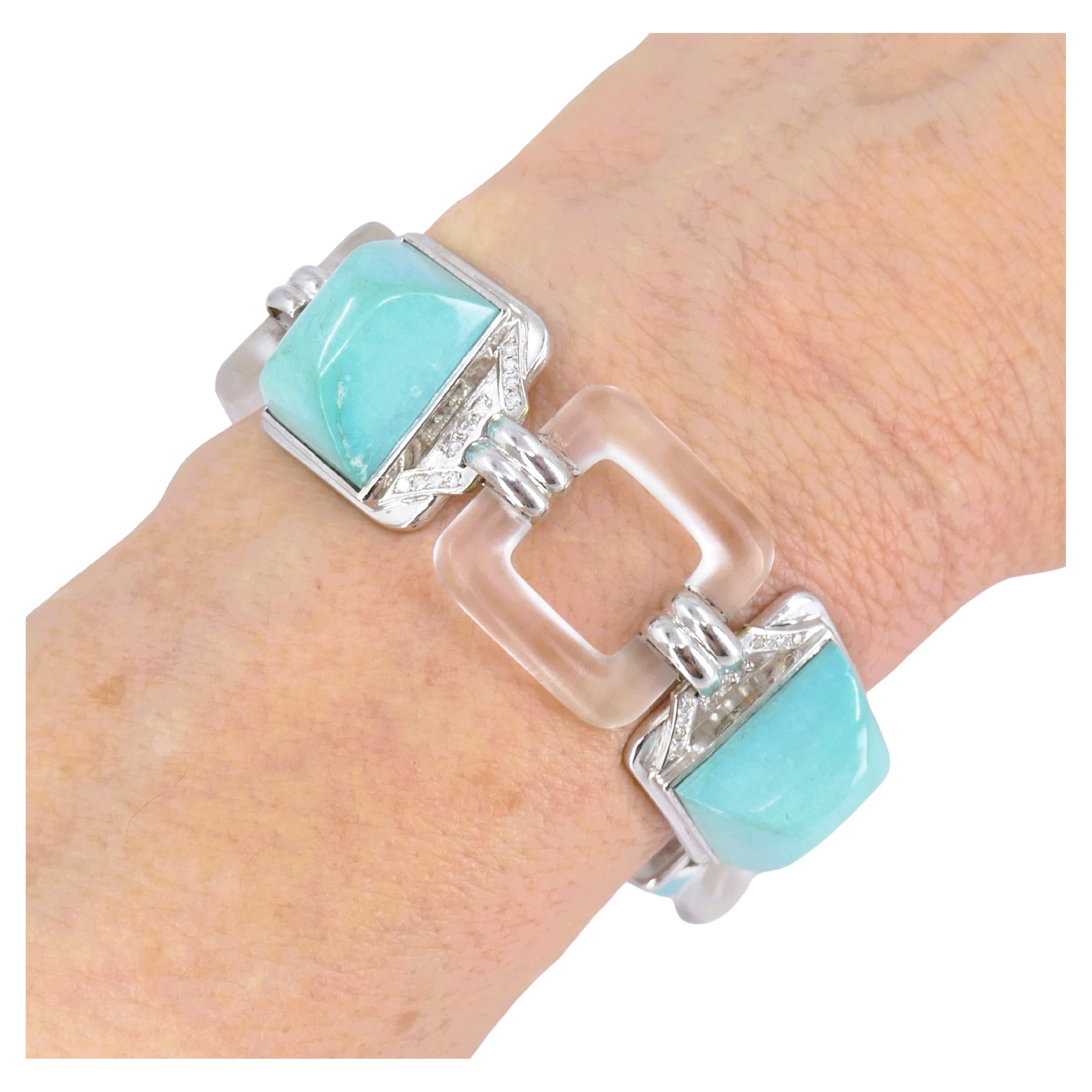 A gorgeous Boucheron vintage bracelet, made of 18k white gold, turquoise, rock crystal and diamond. Turquoise cabochons are shaped in truncated pyramids. Gems are bezel set in rectangular white gold frames that are encrusted with diamonds. Each
