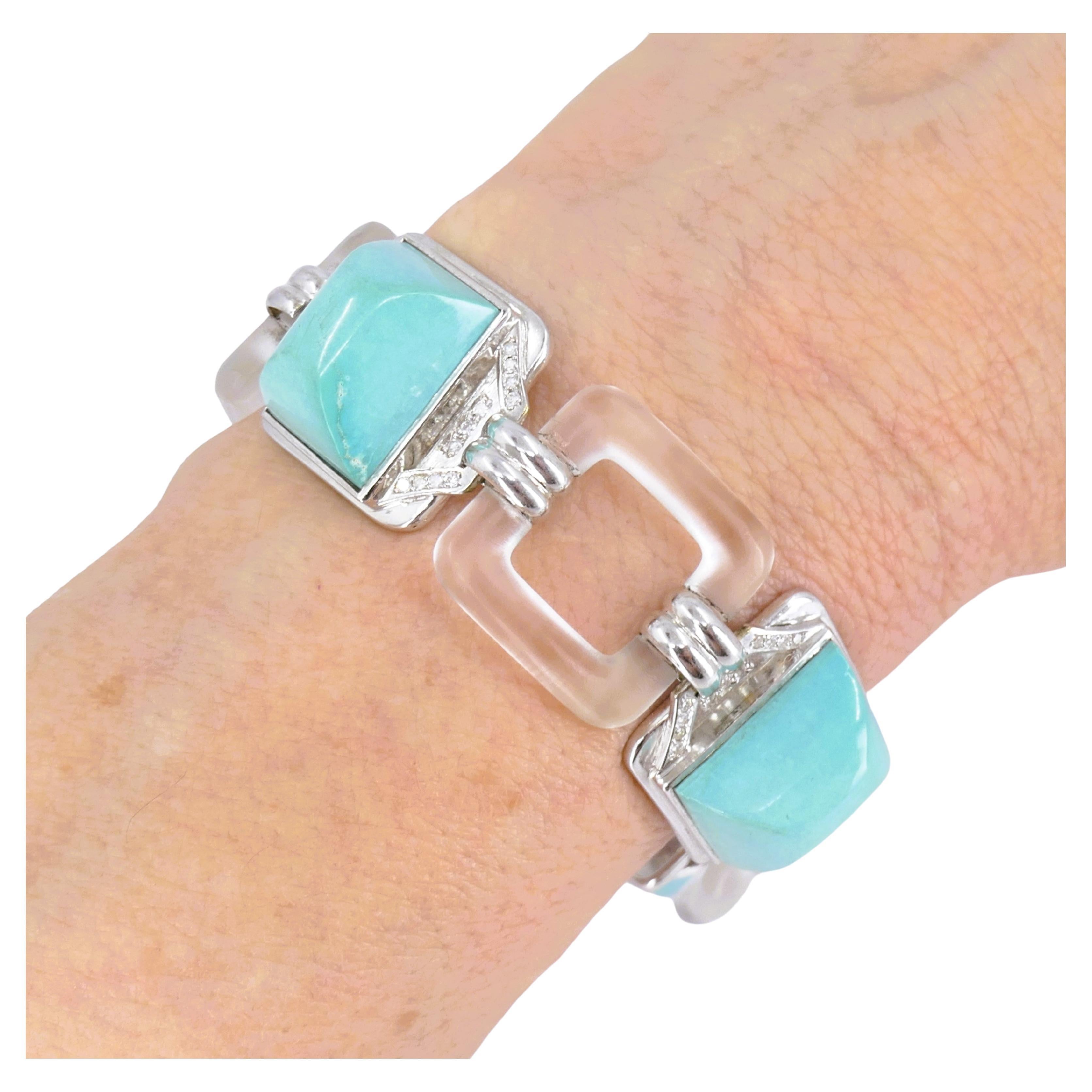 A gorgeous Boucheron vintage bracelet, made of 18k white gold, turquoise, rock crystal and diamond. Turquoise cabochons are shaped in truncated pyramids. Gems are bezel set in rectangular white gold frames that are encrusted with diamonds. Each