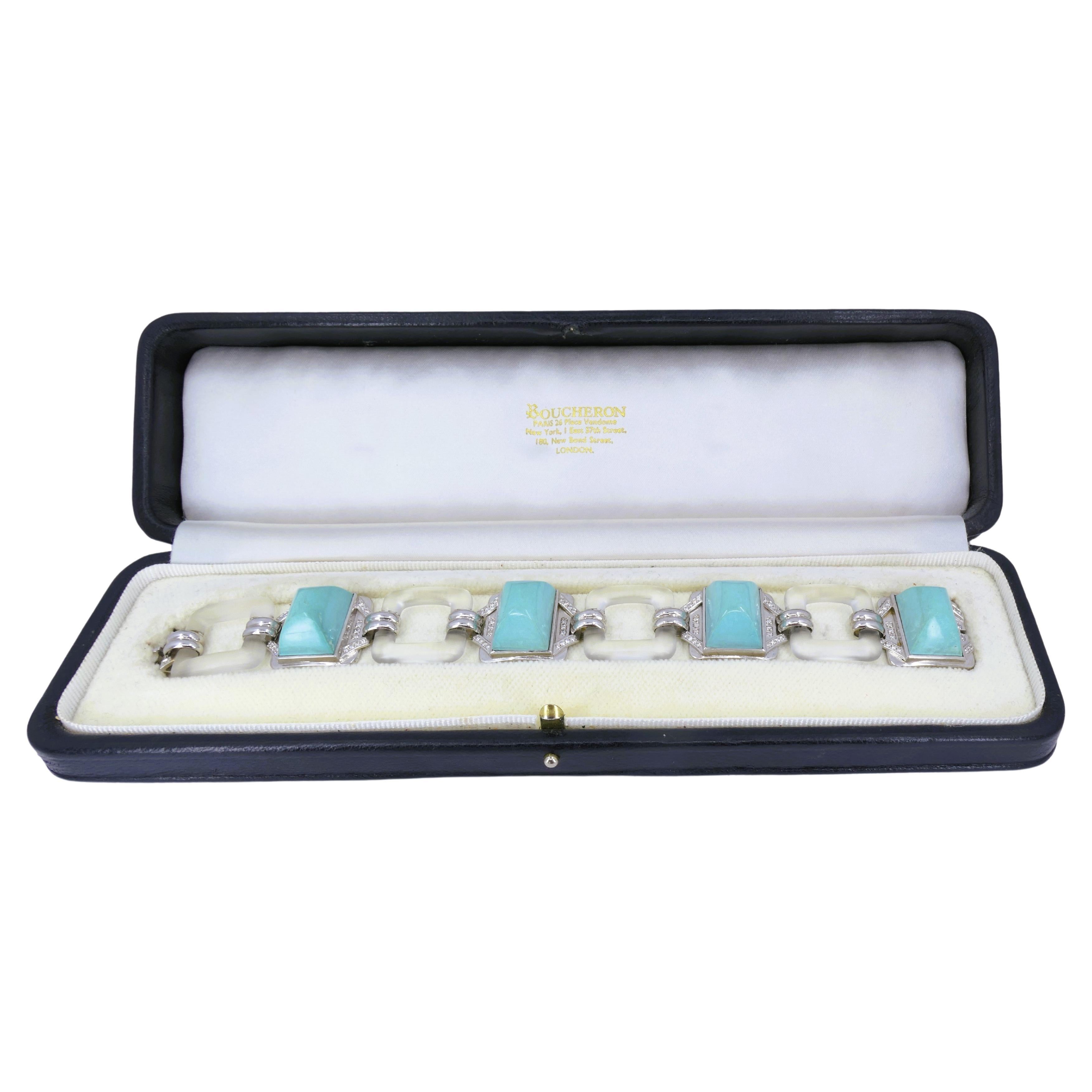 Mixed Cut Boucheron Vintage Bracelet Turquoise Diamond White Gold French Estate Jewelry For Sale