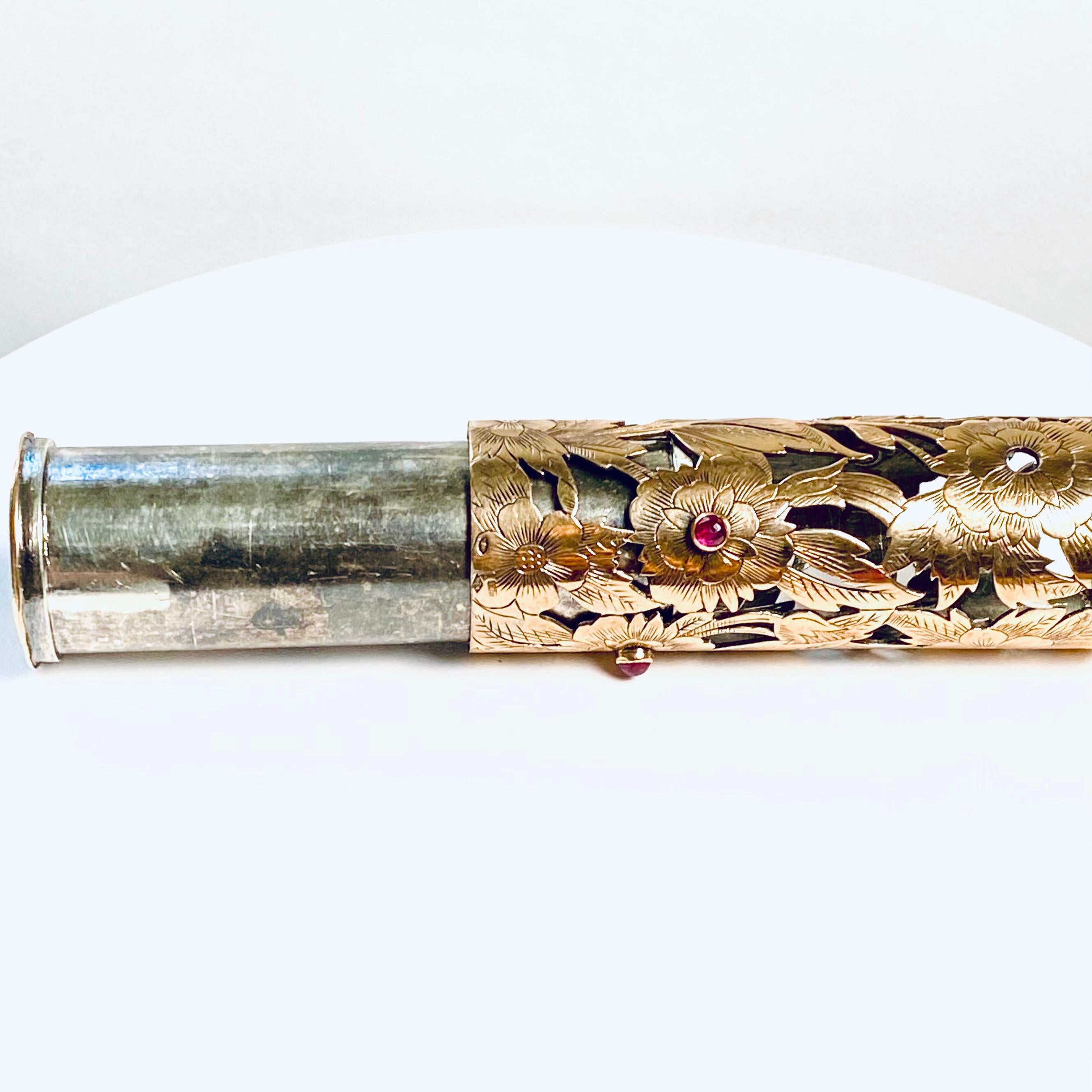 Boucheron Vintage Silver Chiseled Ruby Butterfly Flower Motif Lipstick Case 1