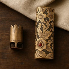 Boucheron Vintage Argento cesellato Rubino Farfalla Fiore Motivo Porta rossetto