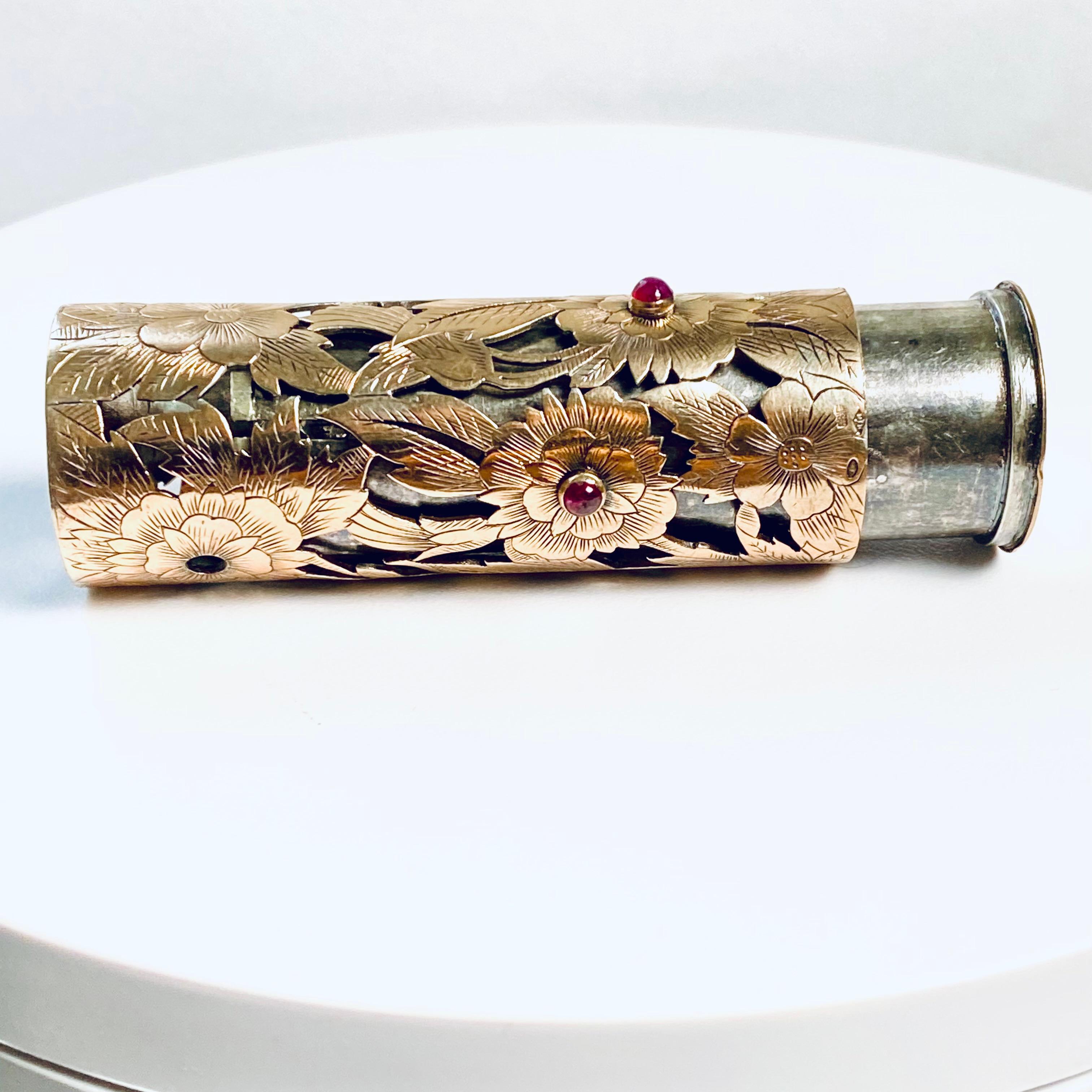 Round Cut Boucheron Vintage Silver Chiseled Ruby Butterfly Flower Motif Lipstick Case