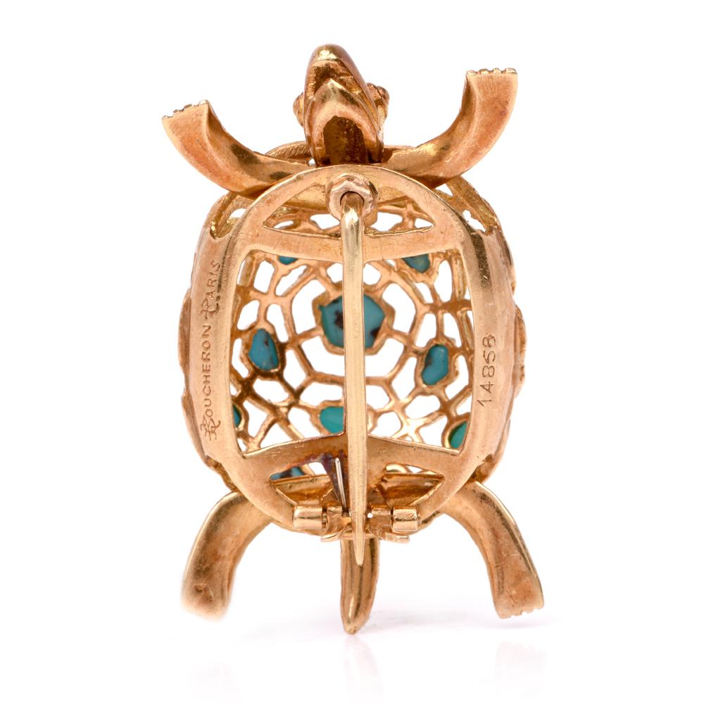 Boucheron Vintage Turtle Turquoise 18 Karat Pin Brooch In Excellent Condition In Miami, FL