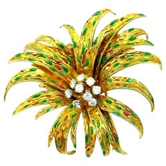 Boucheron Vintage Yellow Gold Diamond Enamel Flower Brooch