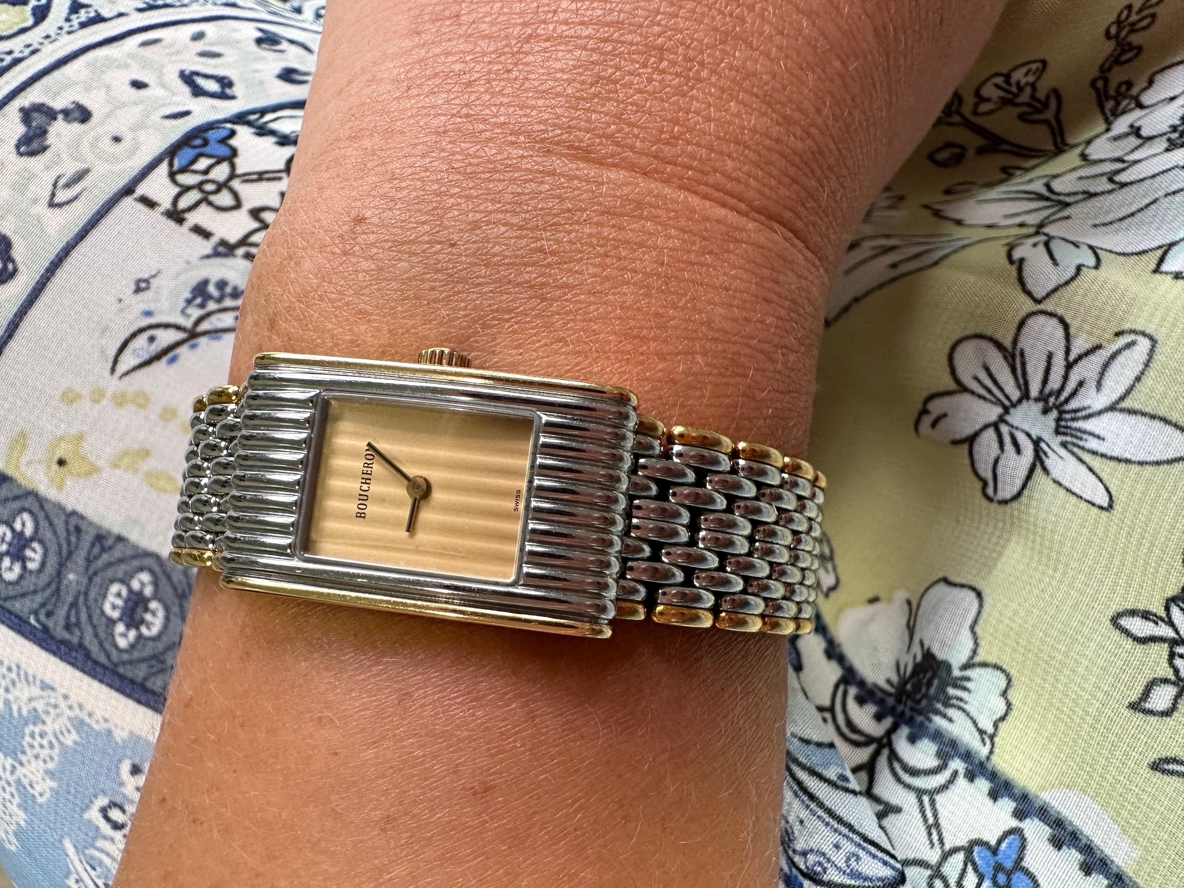 Boucheron watch ladies in amazing condition. Stainless steel and yellow gold, rare 2 bracelet design.
Item#: 500-00011AMTT

WHAT YOU GET AT STAMPAR JEWELERS:
Stampar Jewelers, located in the heart of Jupiter, Florida, is a custom jewelry store and